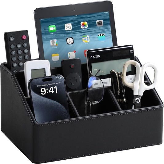 PU Leather Desk Organizer, Luxury Remote Control Holder for Home, Office Desk Accessories Table Caddy Bedside Nightstand Organizer (Black)