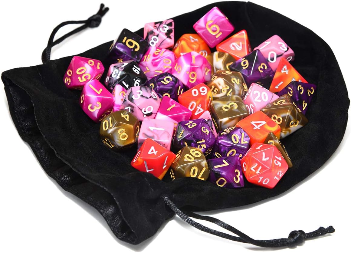Assorted 5 Colors Polyhedral Dice Set for Dungeons and Dragons RPG Table Games with Black Drawstring Pouch