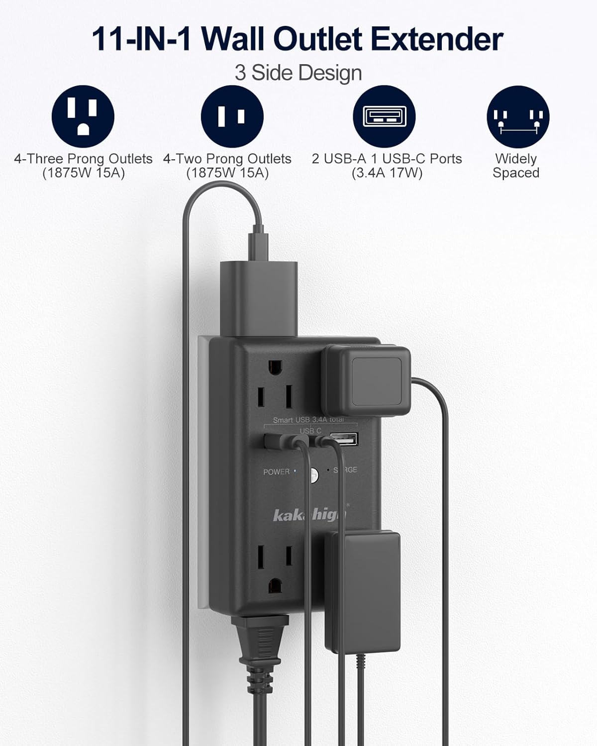 Black Wall Power Strip, 8 Way Outlets with 1680J Surge Protected, Multi Plug Wall Outlet with USB Ports, LED Indicator, 1875W Wall Mounted Surge Protectors for Dorm Room Office Kitchen