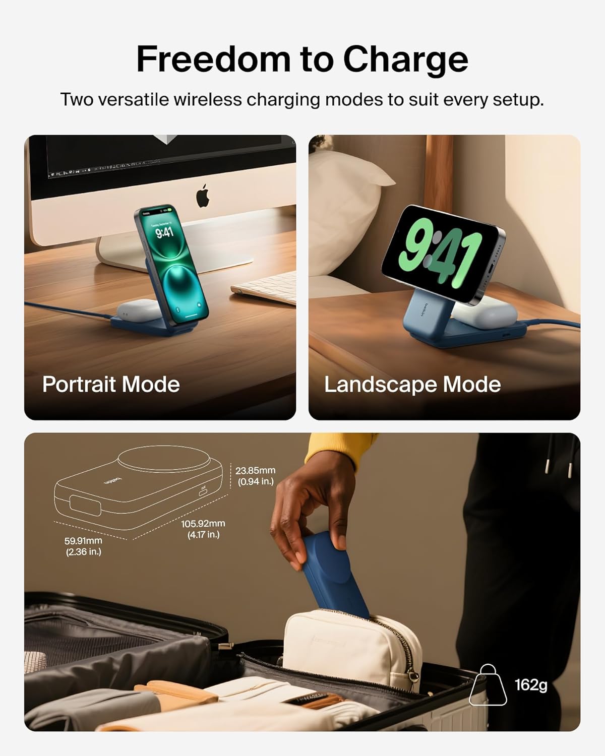 Belkin MagSafe Charger Compatible, 2-in-1 Charging Station, Qi2.2 25W Magnetic Wireless Charger Dock, Foldable Stand, with 5W USB-C Port, for iPhone 16/15/14, AirPods (45W Adapter Included)