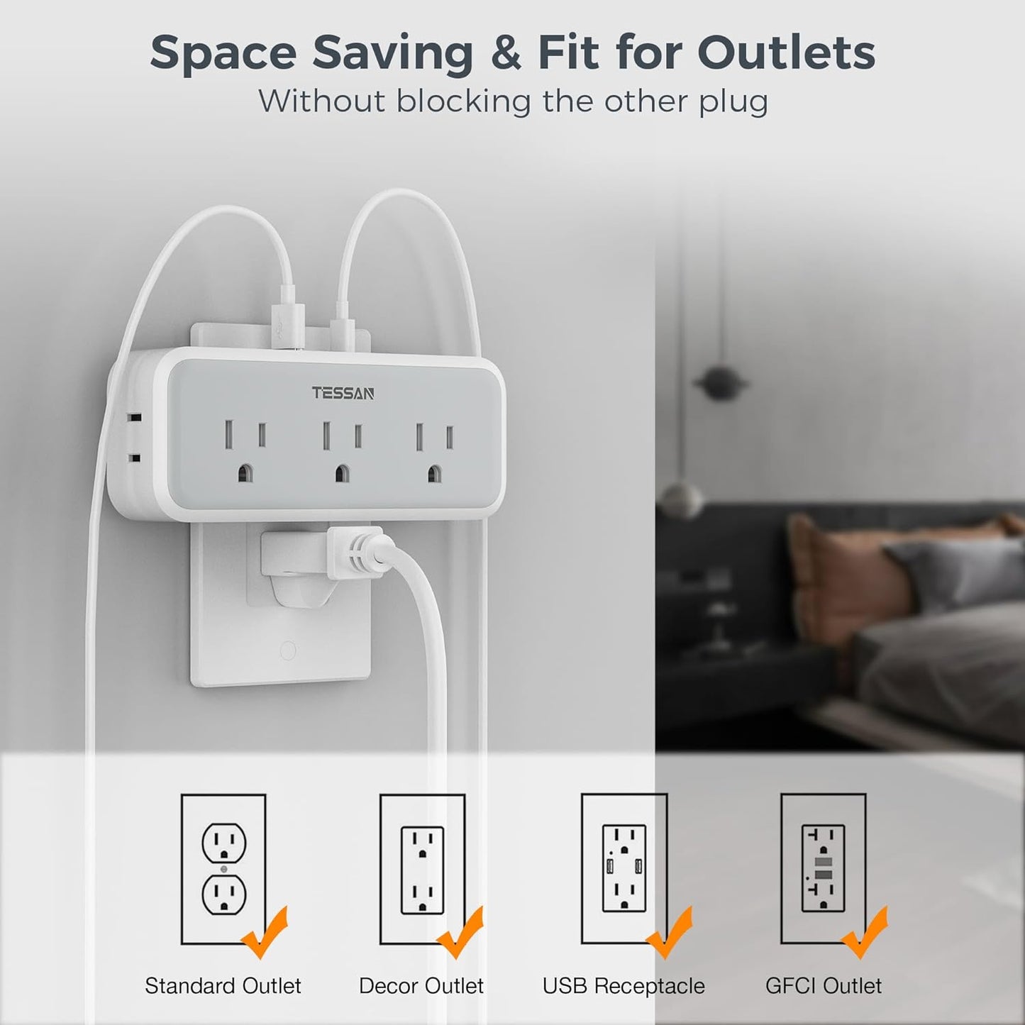 Multi Plug Outlet Extender, Wall Charger, TESSAN Multiple Plug Surge Protector, 5 Outlets and 3 USB (2 USB C), Electrical Power Expander with Surge Protector Spaced for Home Office Dorm Room