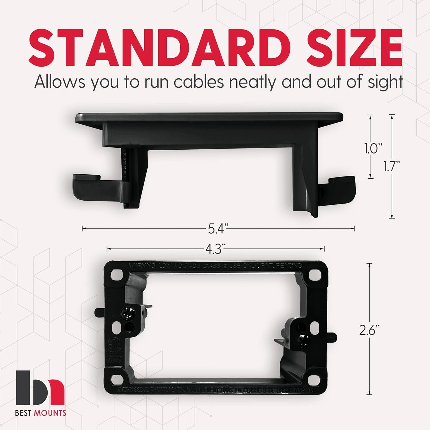 BestMounts - 1 Pack In Wall Cable Management 1-Gang Screw Less Low Voltage Cable Plate with Mounting Bracket ETL Listed (Outer Nose)