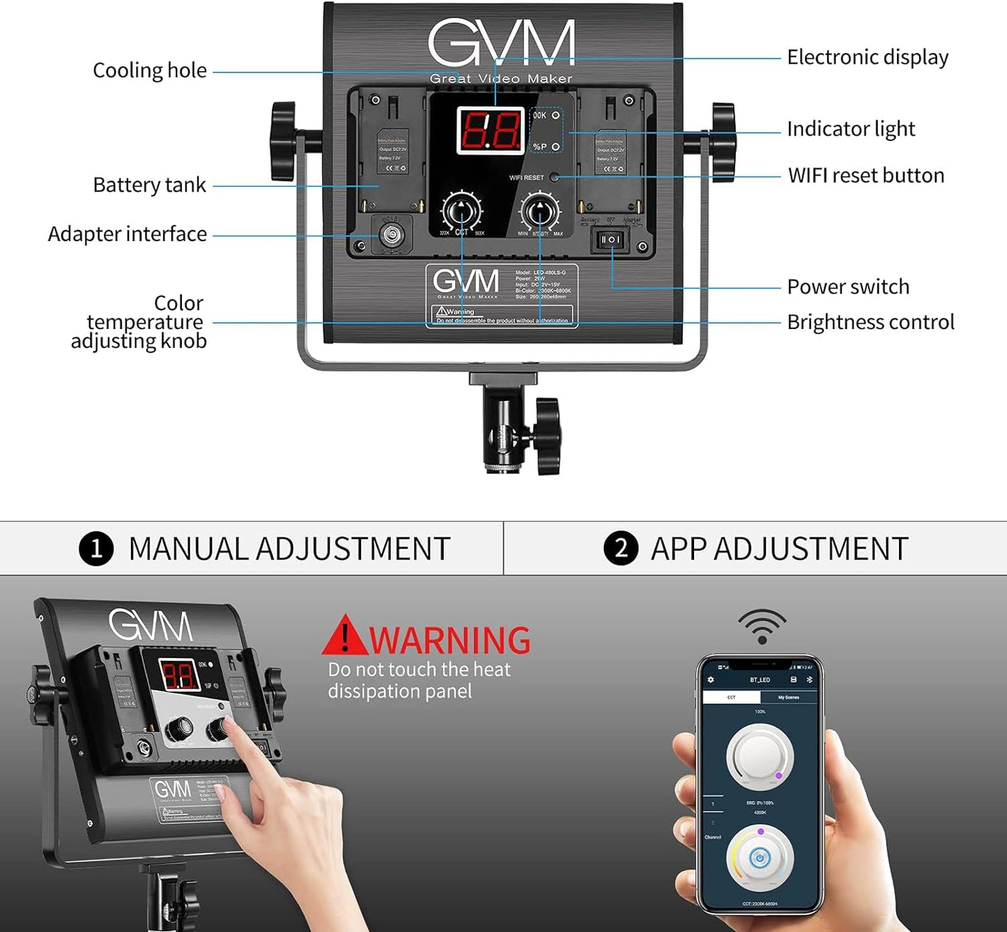 GVM 2 Pack LED Video Lighting Kits with APP Control, Bi-Color Variable 2300K~6800K with Digital Display Brightness of 10~100% for Video Photography, CRI97+ TLCI97 Led Video Light Panel +Barndoor