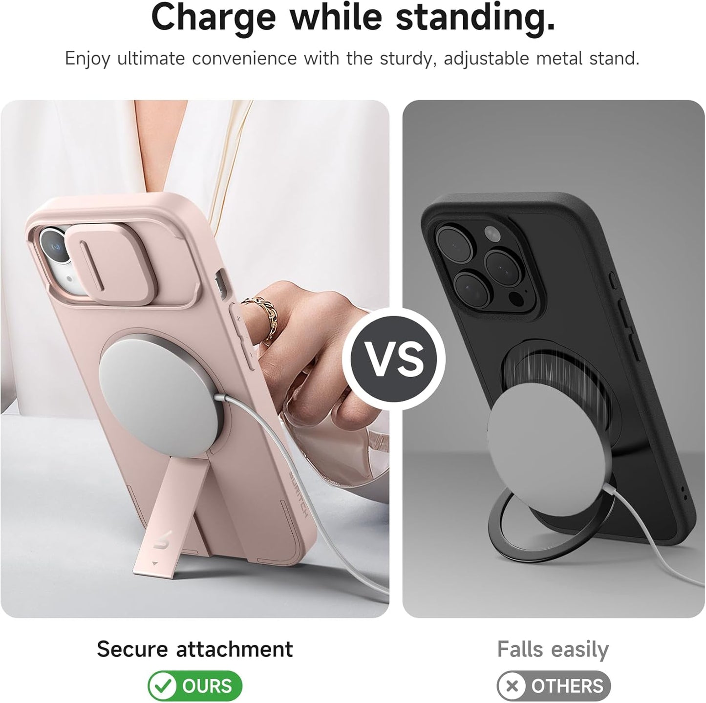 SURITCH for iPhone 13/14 Case with Magnetic Camera Slide Cover and Adjustable Kickstand, Compatible with MagSafe, Shockproof Bumper Case Slim Protective Cover for iPhone 13/14 6.1 Inch, Pink