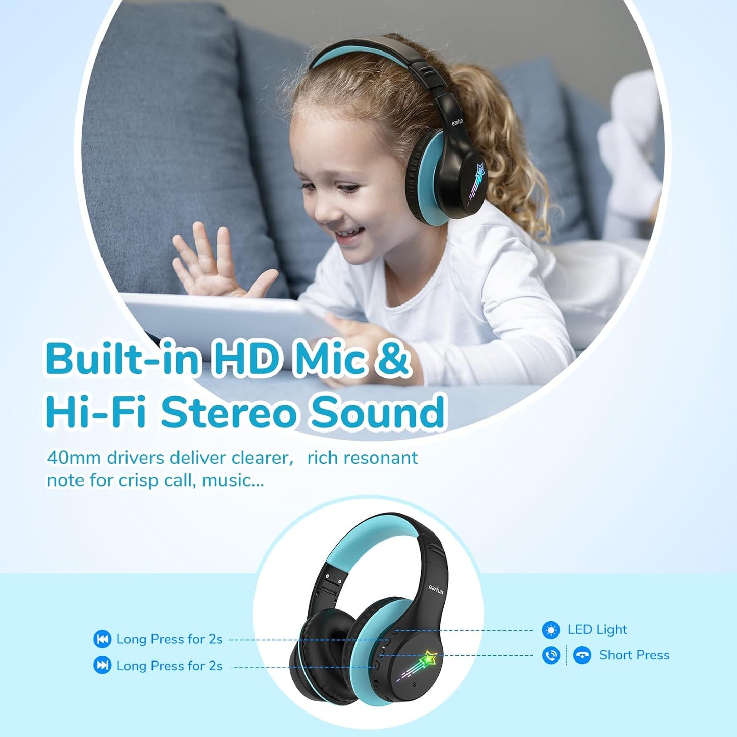 EarFun K4 Kids Bluetooth Headphones, Wireless Headphones with LED Lights, 74/85/94dBA Volume Limited, Built-in Mic, 90H Playtime, Bluetooth 5.4 Over Ear Headphone for iPad/Tablet/School, Dark Black