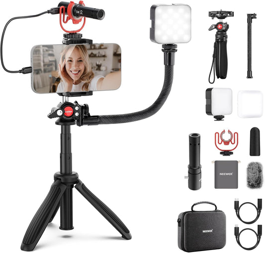 NEEWER Phone Vlogging Kit, Content Creator Essentials Kit for YouTube with LED Light, Selfie Stick Travel Tripod, Flexible Soft Tube, USB C Cardioid Microphone for iPhone, Android, Podcast, PA045