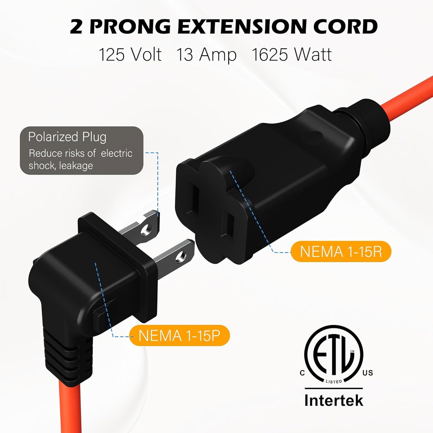 90 Degree 2 Prong Polarized Outdoor Power Extension Cord 100 FT, Angled Low-Profile Plug, 16 Gauge 125V SJTW Waterproof Long Cable for Home Office Lawnmower Garden Tools Lights, ETL+Ties-Bright Orange