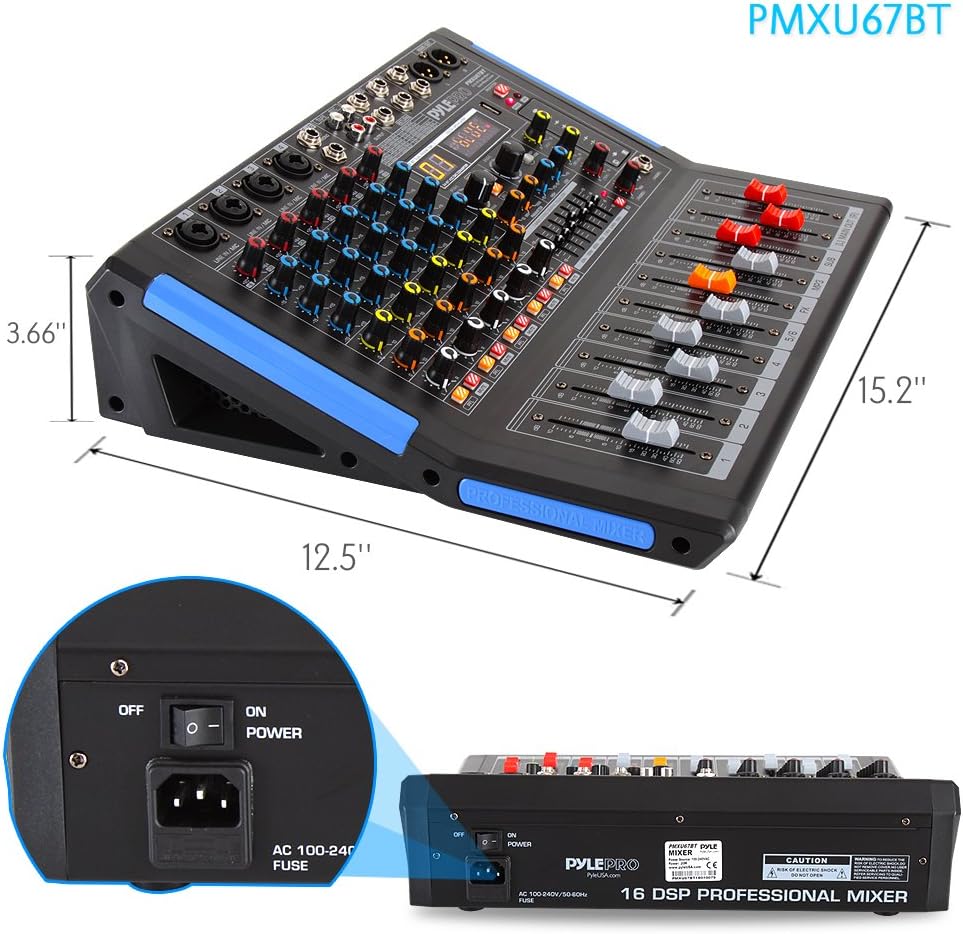 Pyle 6-Channel Bluetooth Studio Audio Mixer - DJ Controller w/ USB Drive - XLR Mic Input - +48V Phantom Power - 16 DSP Effects - MP3/WAV Playback - For Professional & Beginner Use - PMXU67BT