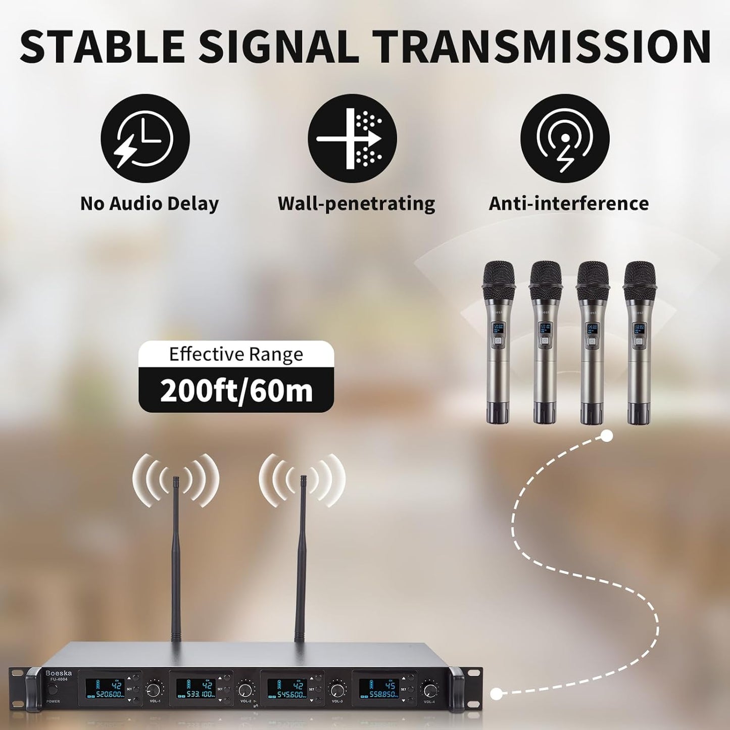 Wireless Microphone System, 4-Channel UHF Wireless Mic, Fixed Frequency Metal Cordless Mic with 4 Handheld Dynamic Microphones, 200ft Range, Mics for Singing, Church (4 Handheld)