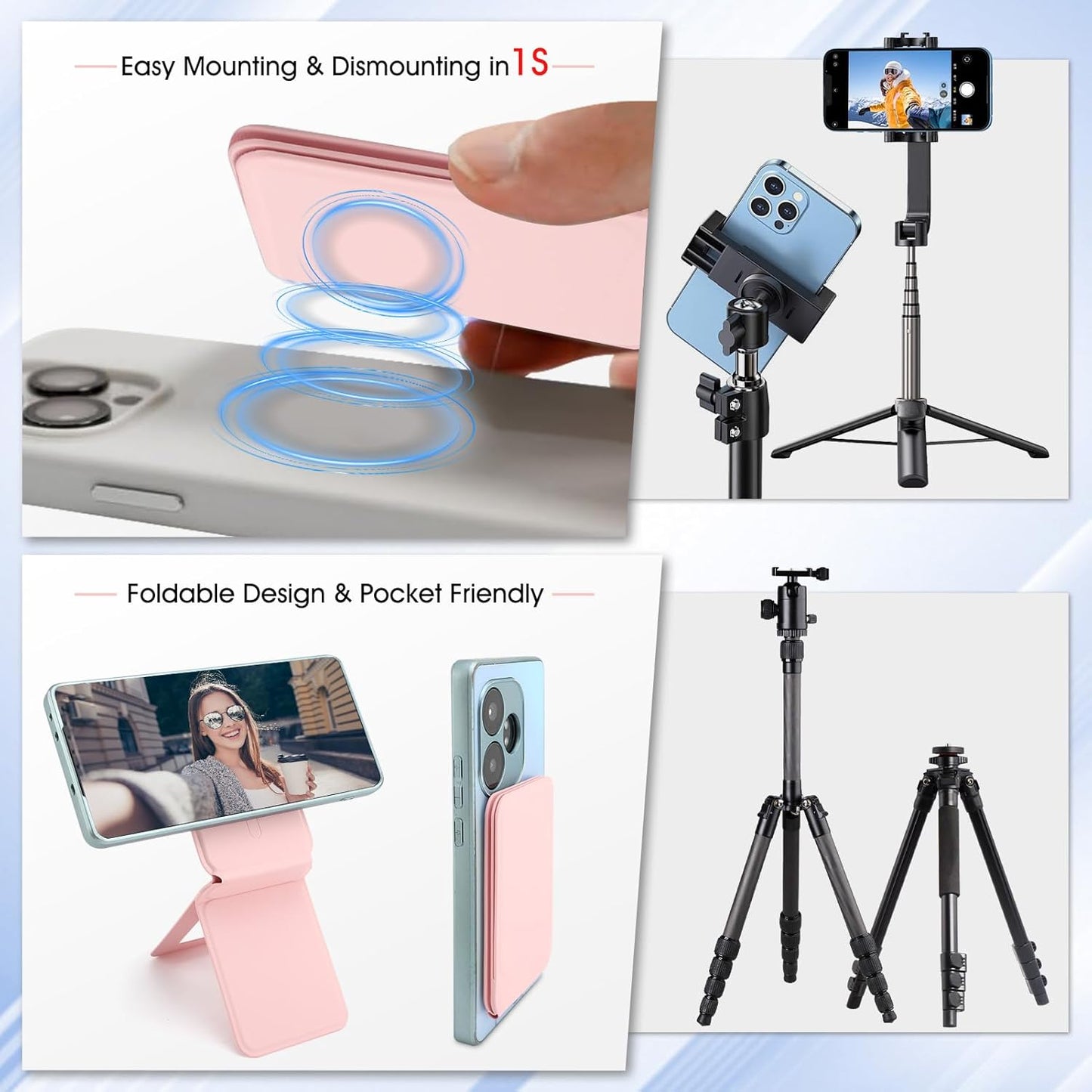 Phone Stand, Foldable Magnetic Phone Tripod, Angle Adjustment & Strong Magnets PU Leather Phone Stand, Compatible with All Smart Phone 16/15/14/13/12(Pink)