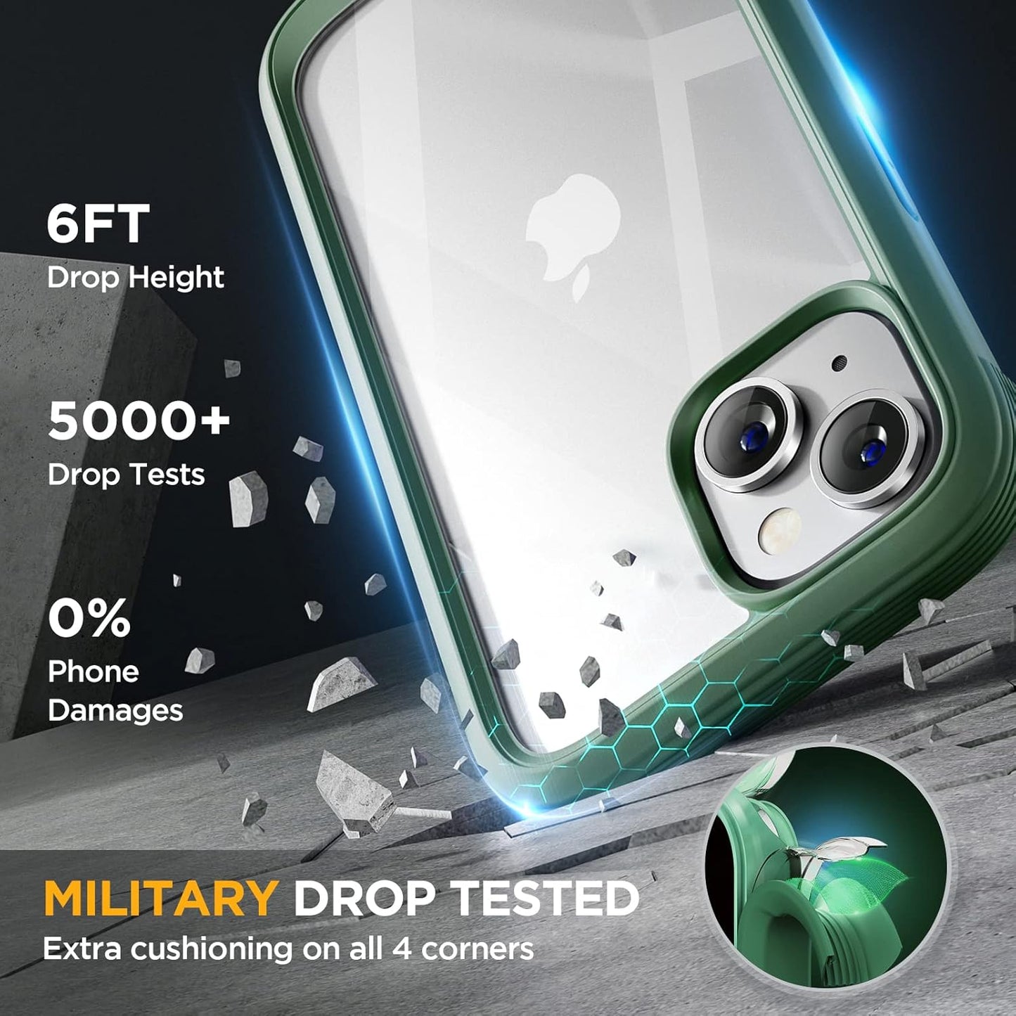 Miracase Glass Series Designed for iPhone 14 Plus Case 6.7 inch, 2023 Upgrade Full-Body Clear Bumper Case with Built-in 9H Tempered Glass Screen Protector and Camera Lens Protector,Green