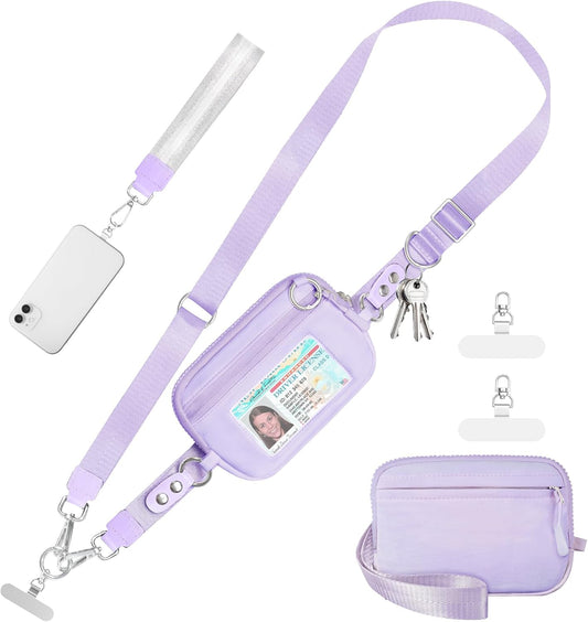 Clip and Go Strap for Phone with Wallet Crossbody Phone Lanyard Adjustable and Detachable RFID Wristlet Wallet with ID Window and Zipper, Purple