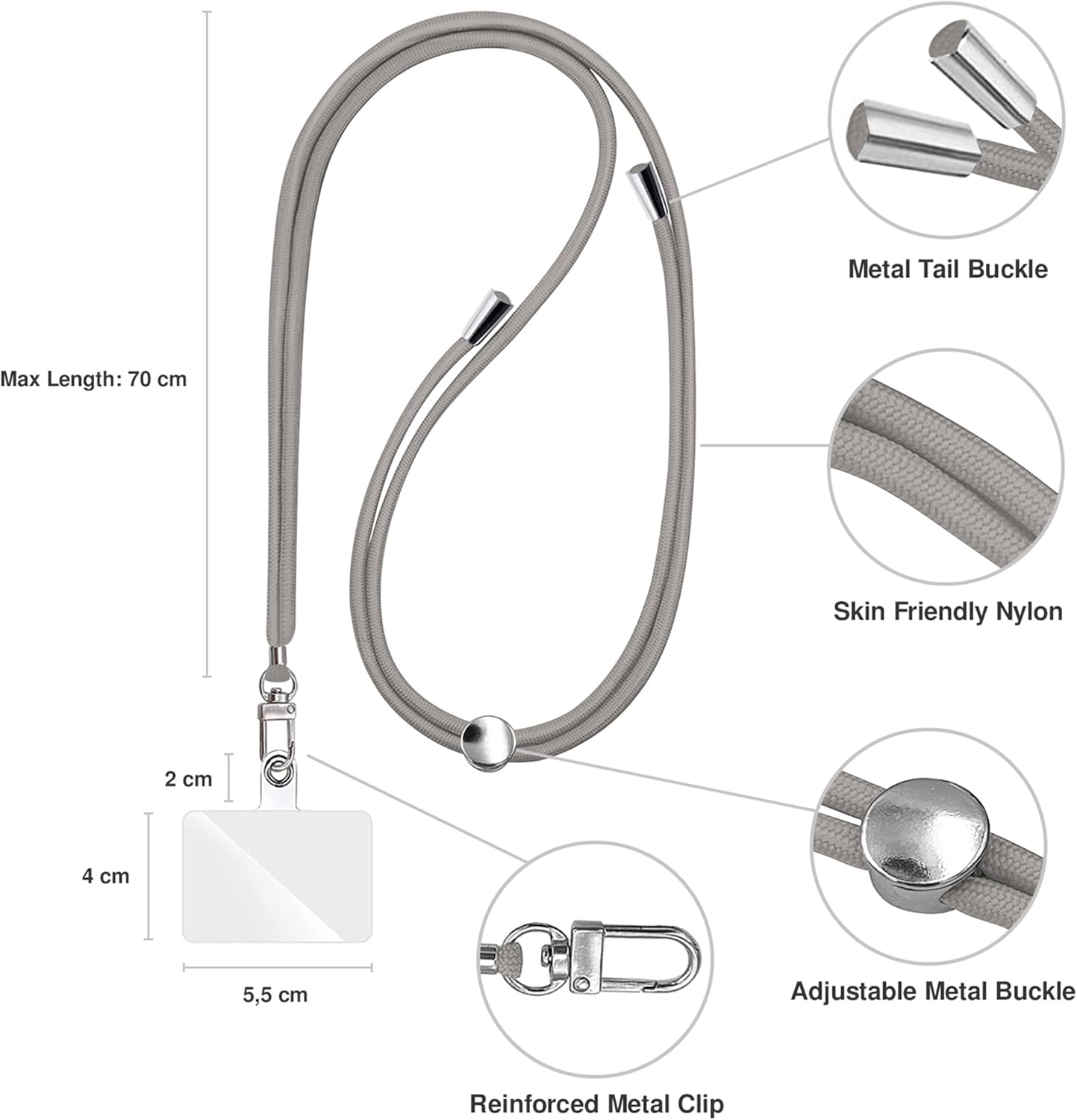 Cell Phone Lanyard [Grey] - Comfortable Universal Smartphone Lanyard - Easy to Use Neck Phone Holder [Clear Patch] - Adjustable Length Phone Strap Crossbody - Fits All Mobile Phones