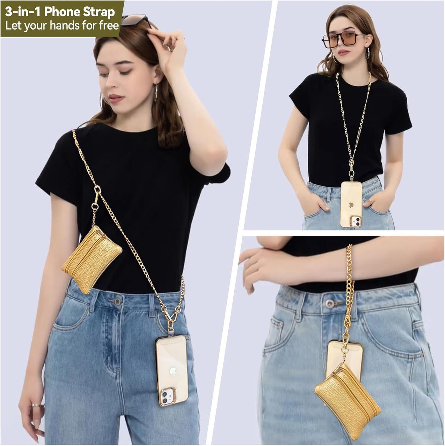 Clip and Go Strap for Phone Gold Metal Chain with Gold Purse Wallet Crossbody Phone Lanyard for Women with Cell Phone Stand Holder 2 Patches Tether Adjustable Anti Theft for iPhone 16 15 14 All Phones