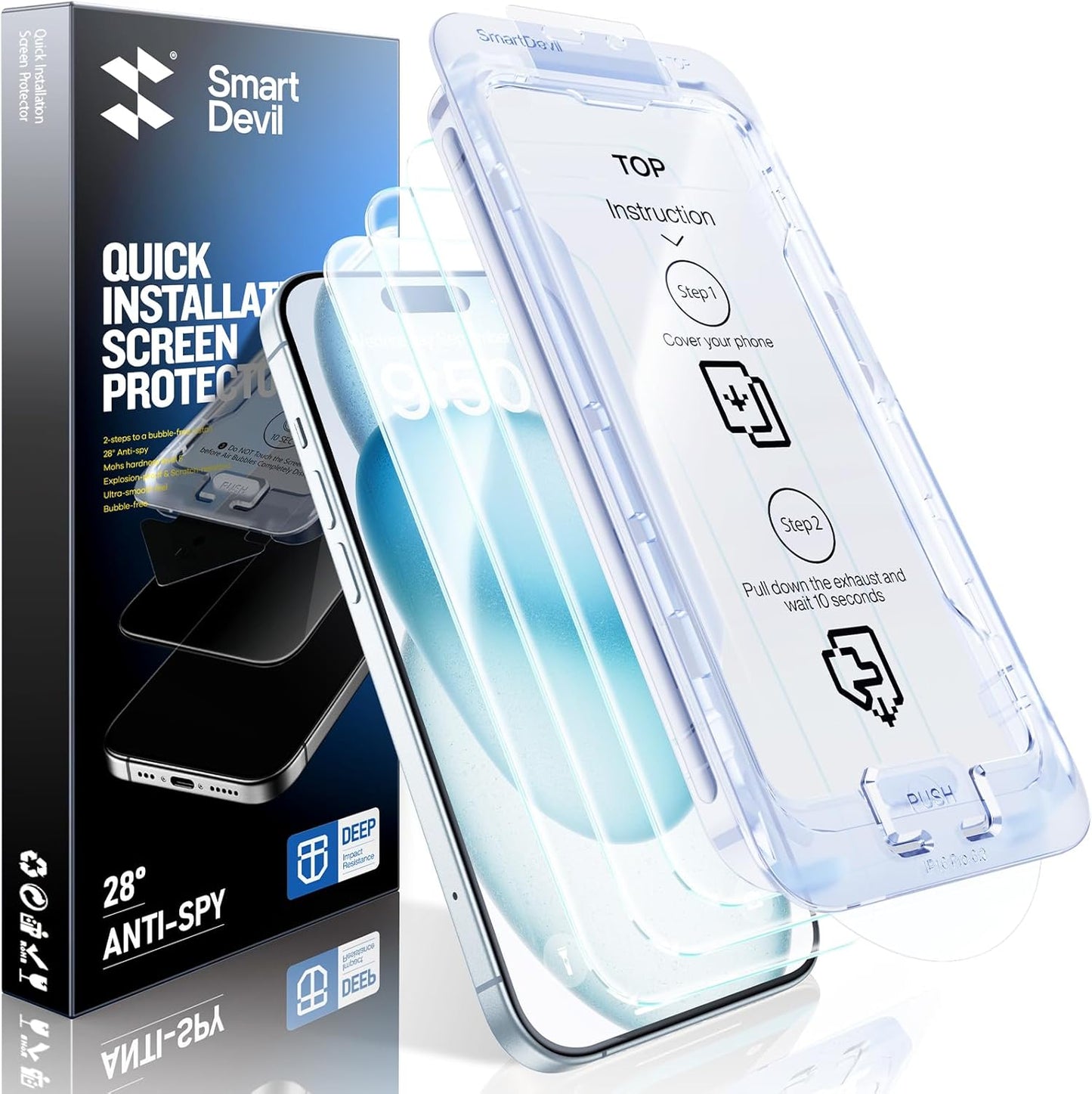 SMARTDEVIL 2 Pack Screen Protector for iPhone 15 (6.1 Inch) Tempered Glass, HD Clear Film, Easy Installation, Dust-Free & Bubble-Free