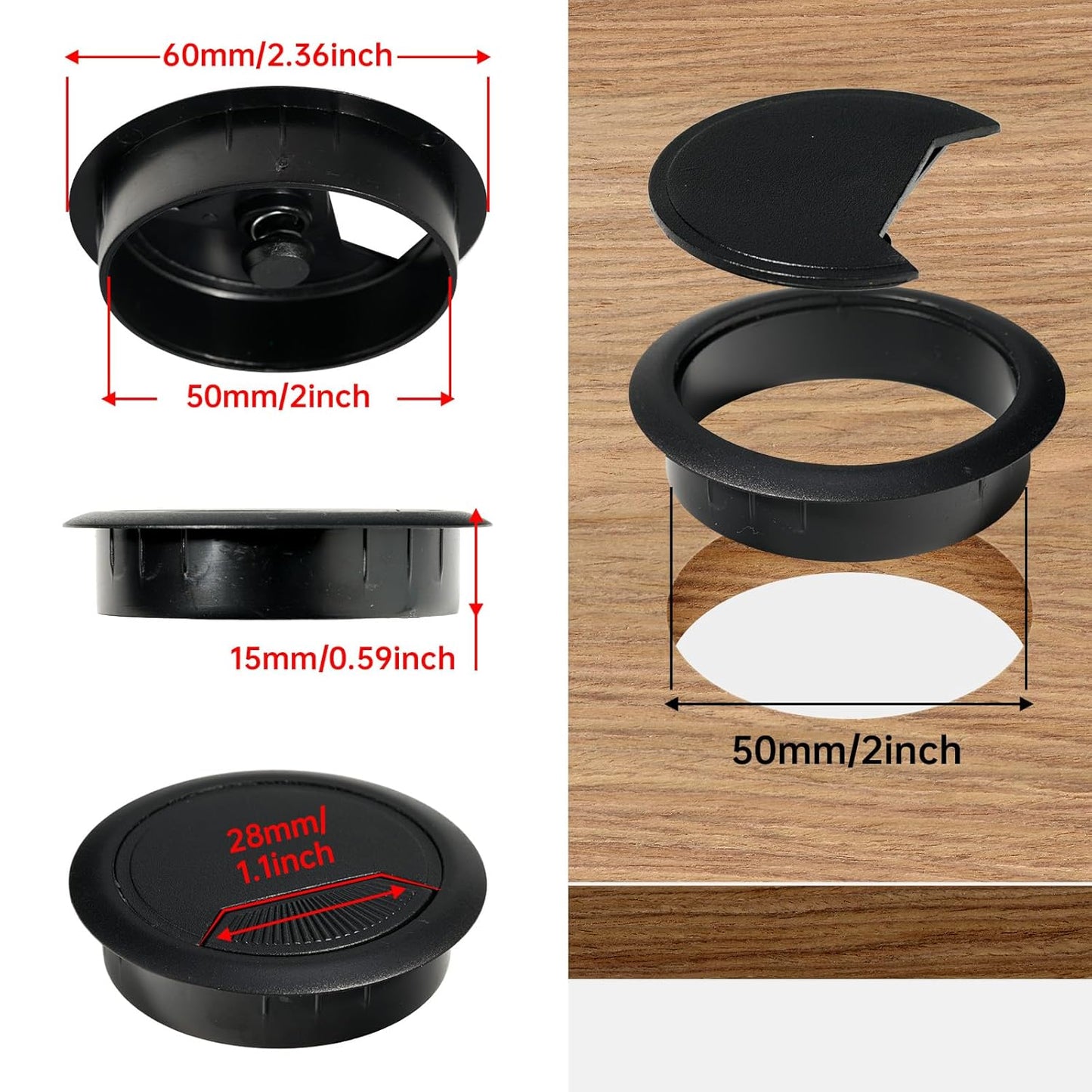 Desk Grommet 2 inch(50mm)8 Pcs, Desk Hole Grommet, Cable Grommet, Desk Hole Cover, Desk Cord Hole Cover, Desk Cable Hole Cover, Desk Wire Hole Insert, Furniture Hole Cover(Black Grommets)