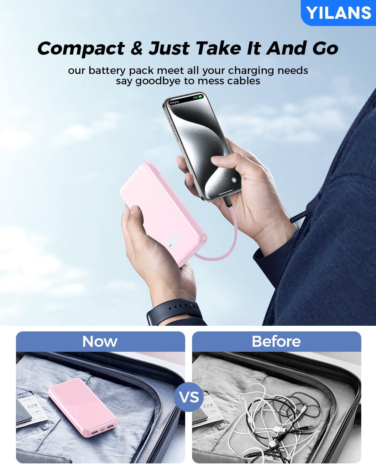 Portable Charger, 42800mAh Power Bank Built-in Cable, 22.5W PD USB C In & Out Fast Charging, External Battery Pack with 6 Output & 2 Input, Travel Phone Charger for iPhone 16/15/14/13/12 (Pink)