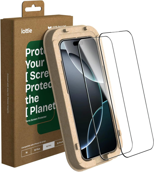 iOttie Terra iPhone 16 Pro Tempered Glass Screen Protector Military Grade 9H Hardness Shatterproof Scratch Resistant, Edge to Edge Protection Easy Bubble Free Install, 2 Pack
