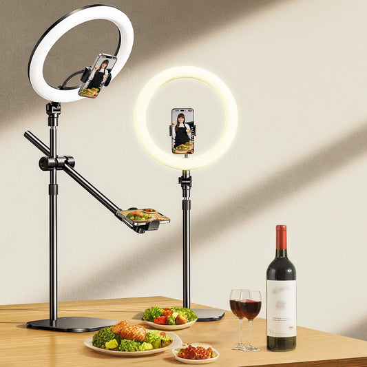 Overhead Phone Mount,Overhead Camera Mount Stand[Anti-Shaking] with 10.5" Ring Light,Desk Stand for iPhone with Ring Light for Video Recording,Zoom Meeting,YouTube,TikTok