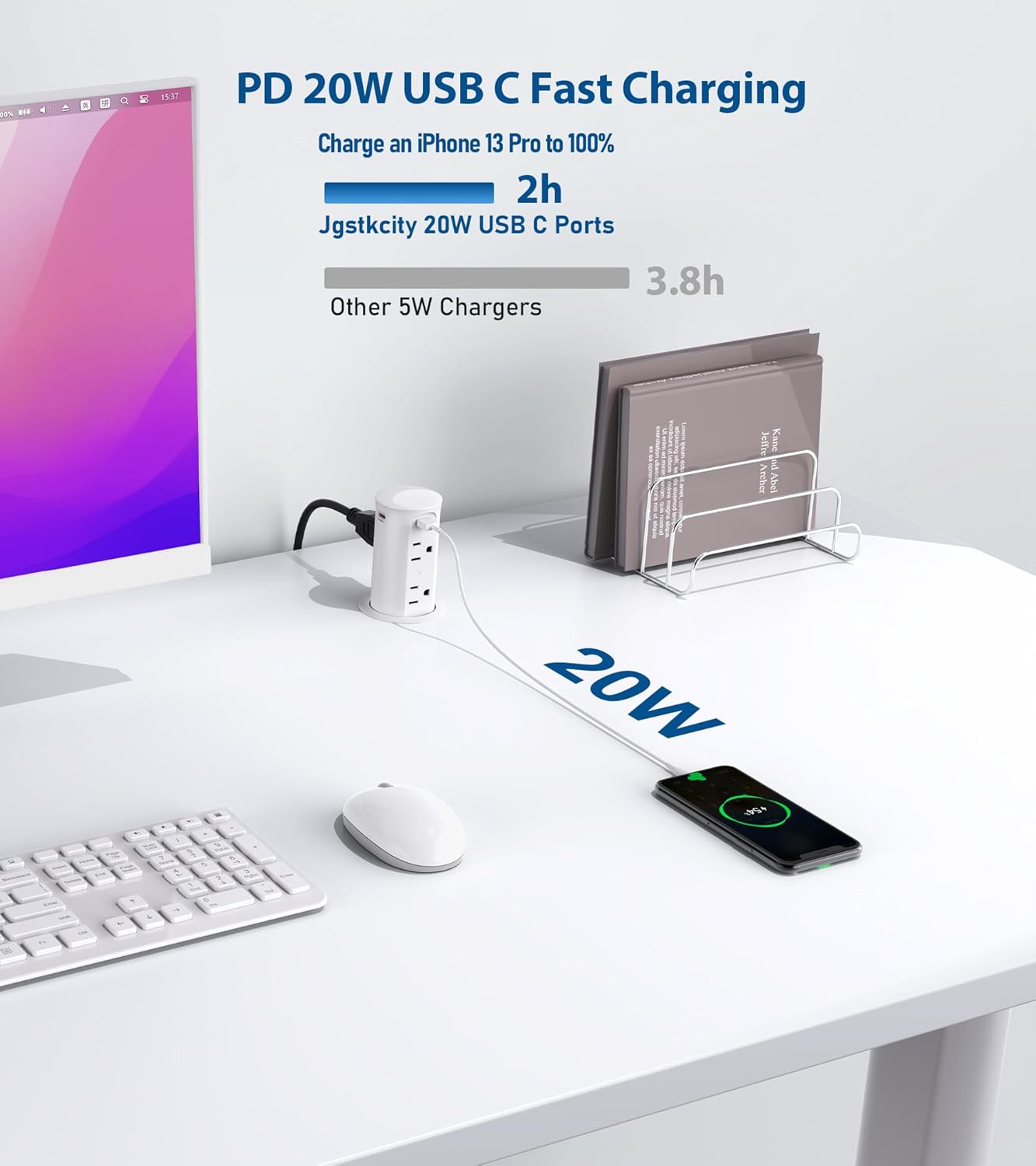 Pop up Outlet for Countertop,2.5-inch Hole Desktop Power Grommet,Recessed Power Strip,20W USB C Fast Charging,4 Outlets 4 USB Ports,15Amp Tamper Resistant Receptacle,White