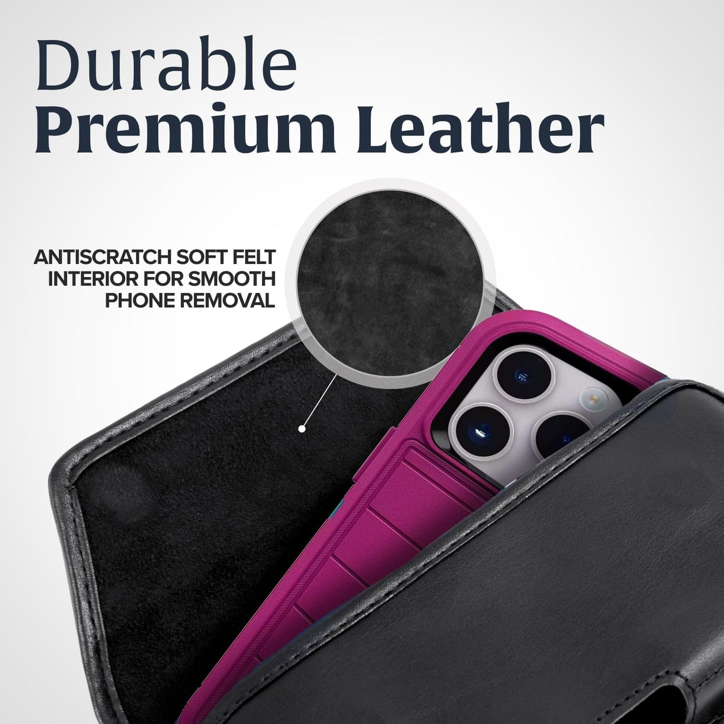 Turtleback Belt Clip for iPhone 16 Pro, 16e, 15 pro 14 Pro 13 Pro -Large- Fits w/Defender Bulky Style Cases, Premium Black Leather, Horizontal Belt Holder, Magnetic Closure HD Rotating Belt Clip