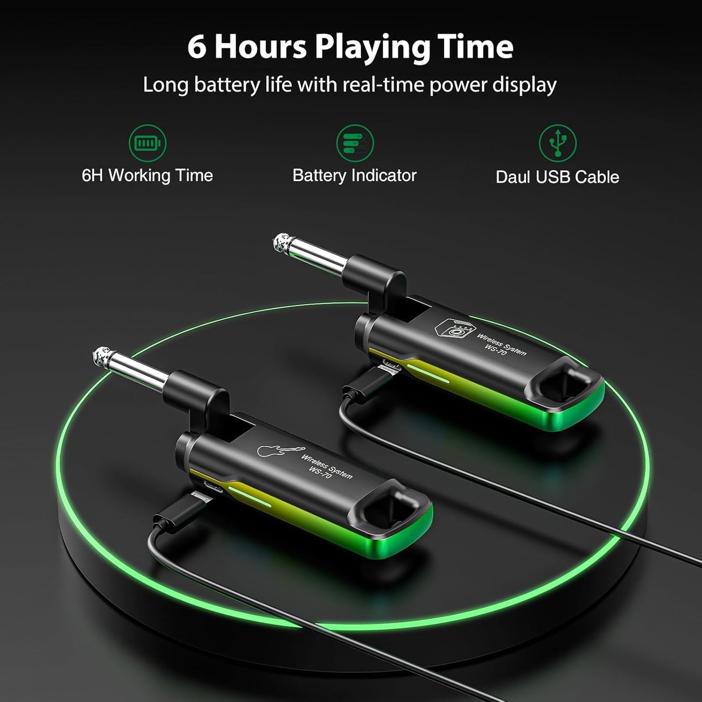 LEKATO Wireless Guitar System UHF Wireless Guitar Transmitter Receiver Rechargeable Audio Wireless Guitar Transmitter and Receiver with 70 Channels Wireless for Guitar Bass Electric Instruments-Green