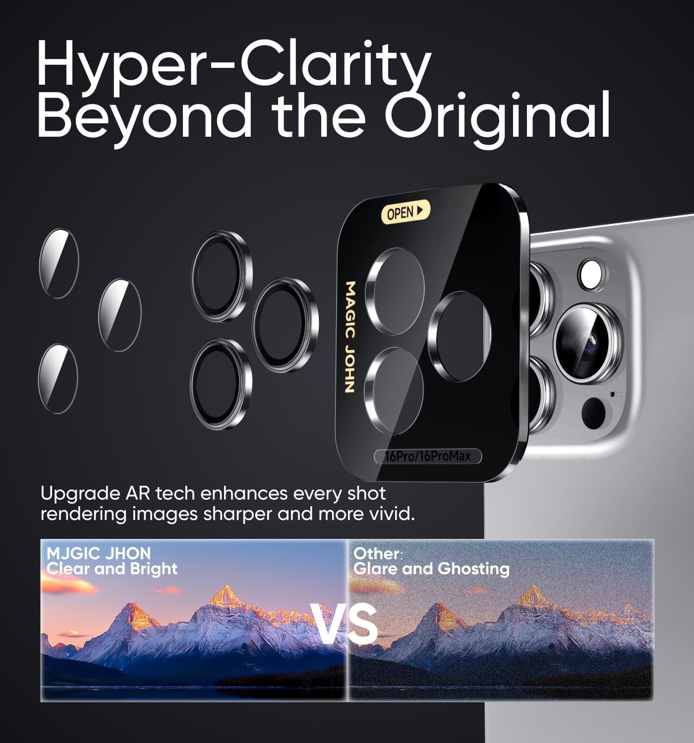 MAGIC JOHN for iPhone 16 Pro Max/16 Pro Camera Lens Protector [Alignment Kit&1:1 Invisible Perfect Fit] 9H Aerospace Tempered Glass Anti-Scratch Durable, Individual Cover Ring, Case Friendly, Set of 2, Silver