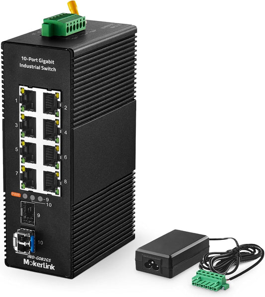 MokerLink 8 Port Gigabit Industrial DIN-Rail Ethernet Switch, 2 SFP Ports with 1 LC 20KM Module(SMF), IP40 Rated Unmanaged Network Switch (-40 to 185°F), with UL Power Supply