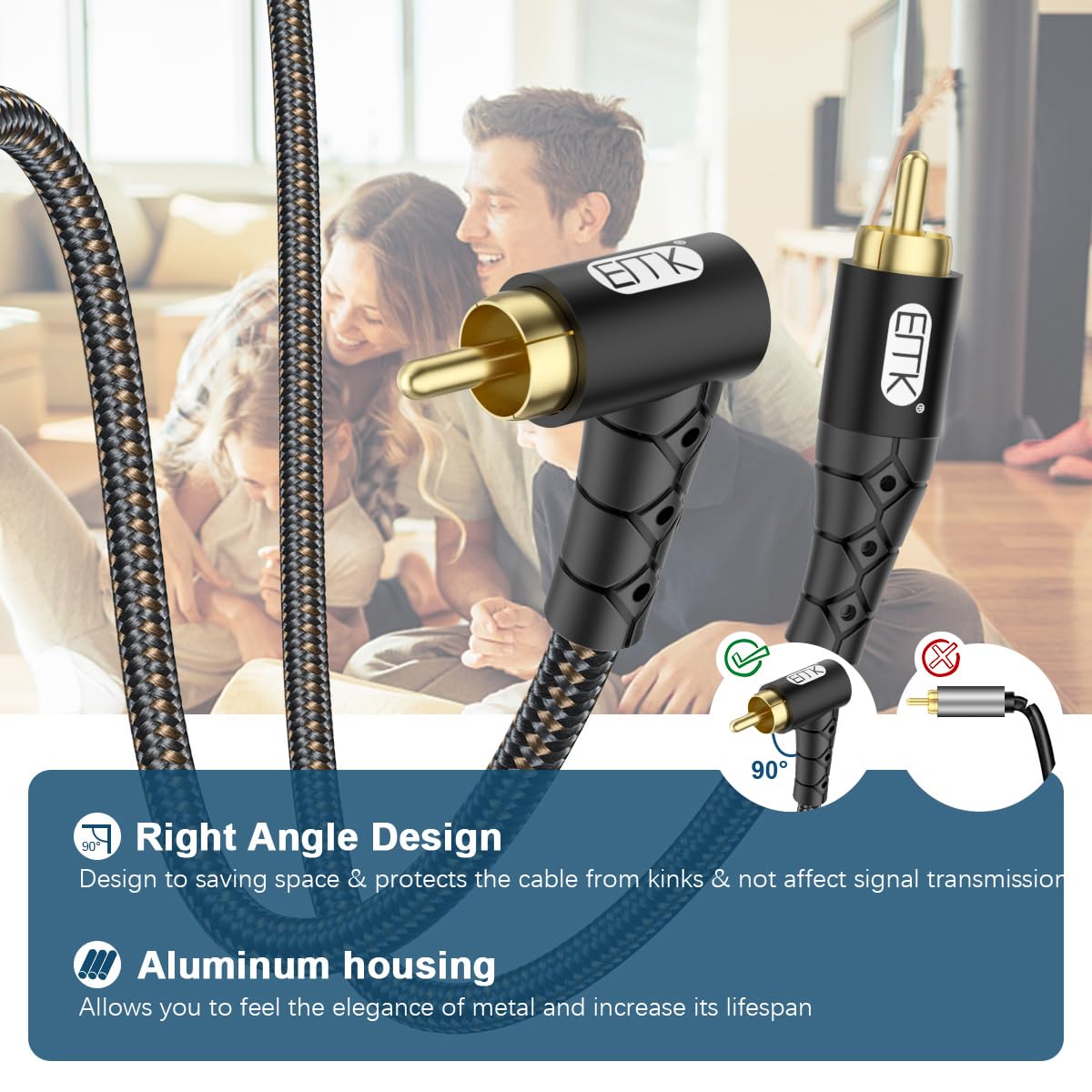 EMK 90 Degree RCA Subwoofer Cable 24K Gold-Plated Connector Nylon Braided Double Shielded – Support Digital & Analog Signals for Amplifier, Home Theater, Hi-Fi System,Subwoofer Black/25ft/8m