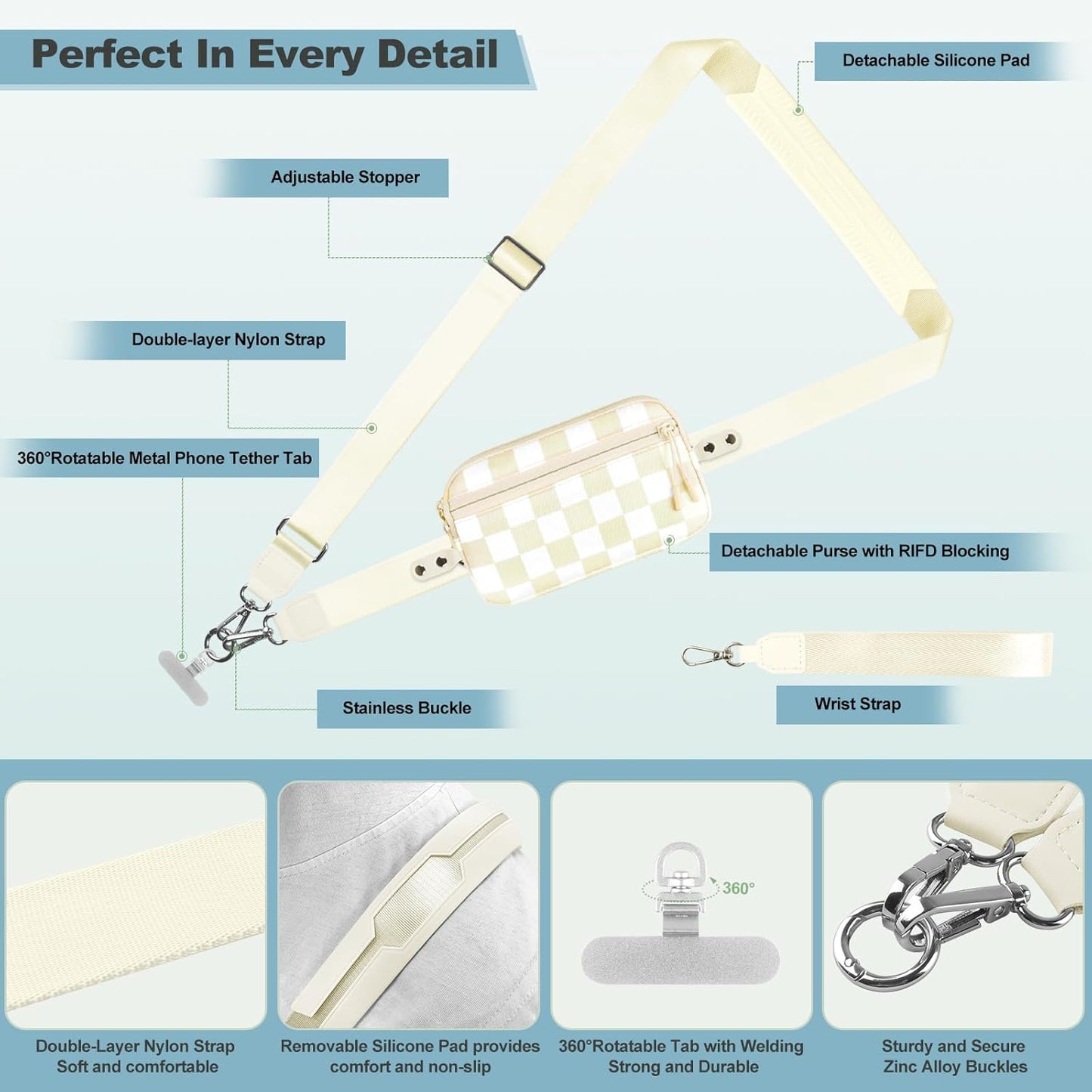 Clip and Go Strap for Phone with Wallet Crossbody, Adjustable Phone Lanyard with Detachable RFID Wristlet Wallet, Phone Strap with Phone Tabs for All Phones, Cream Checkered (L)
