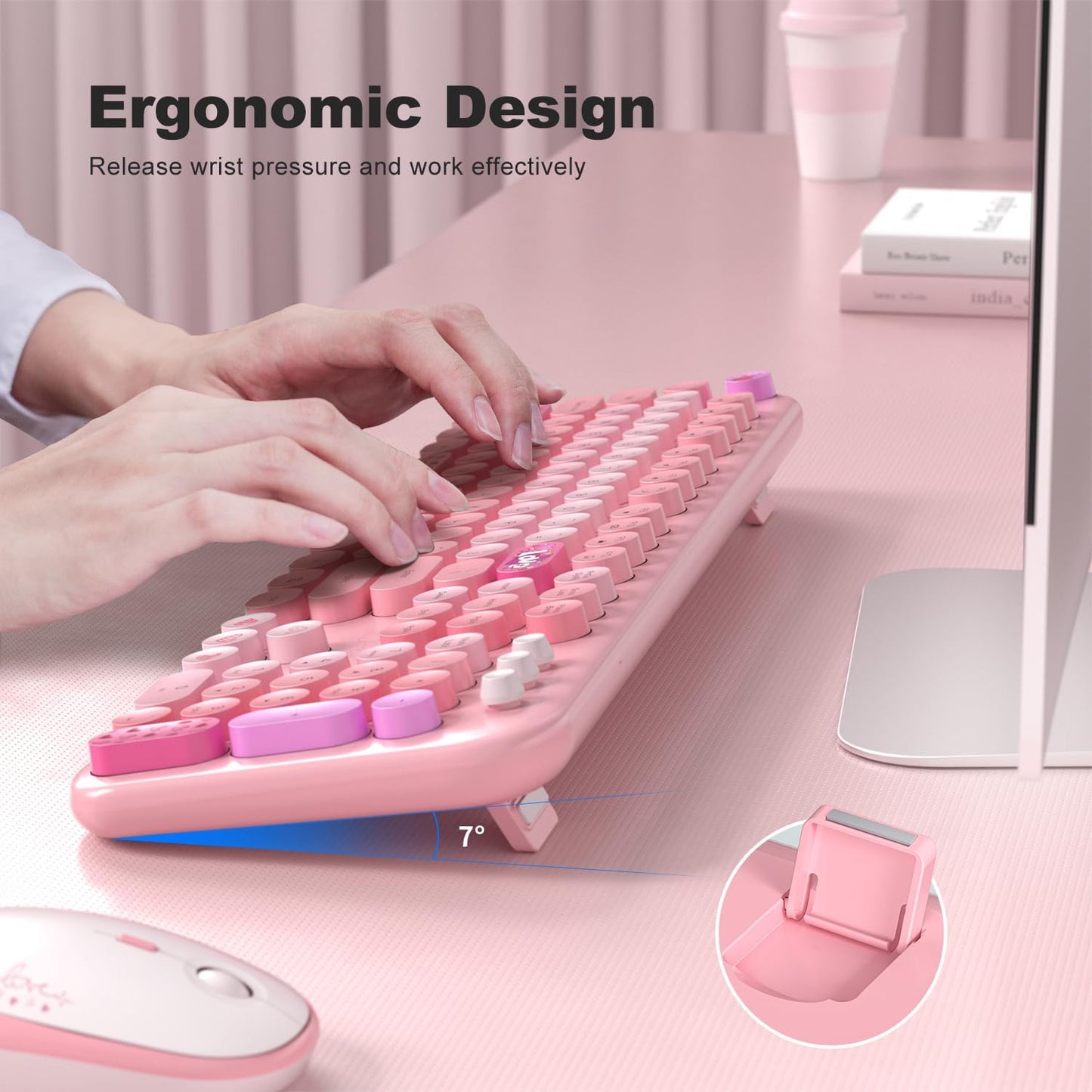 KNOWSQT Wireless Keyboard and Mouse Combo - Lovely Pink Rainbow Full-Sized Typewriter Colorful Keyboards, Round Keycap USB Plug Play Retro Cute Keyboards for Windows, Laptop, PC, Desktop, Computer