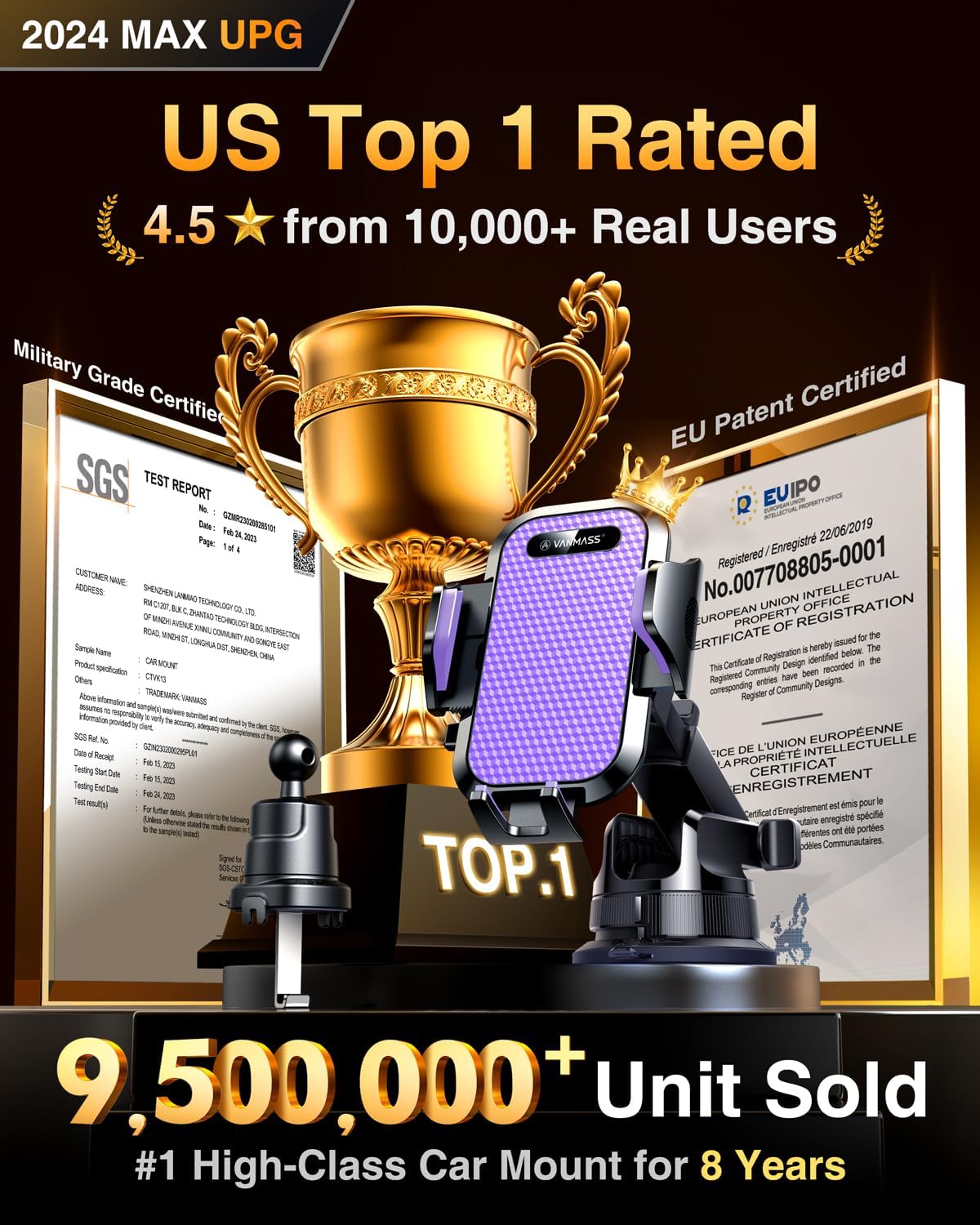 VANMASS [True Military-Grade] Car Phone Holder [Upgraded Suction & Clip] Cell Phone Mount for Dashboard Windshield Vent Truck Cradle Dash Stand for iPhone 16 Pro Max 15 14 13 12 Android, Purple