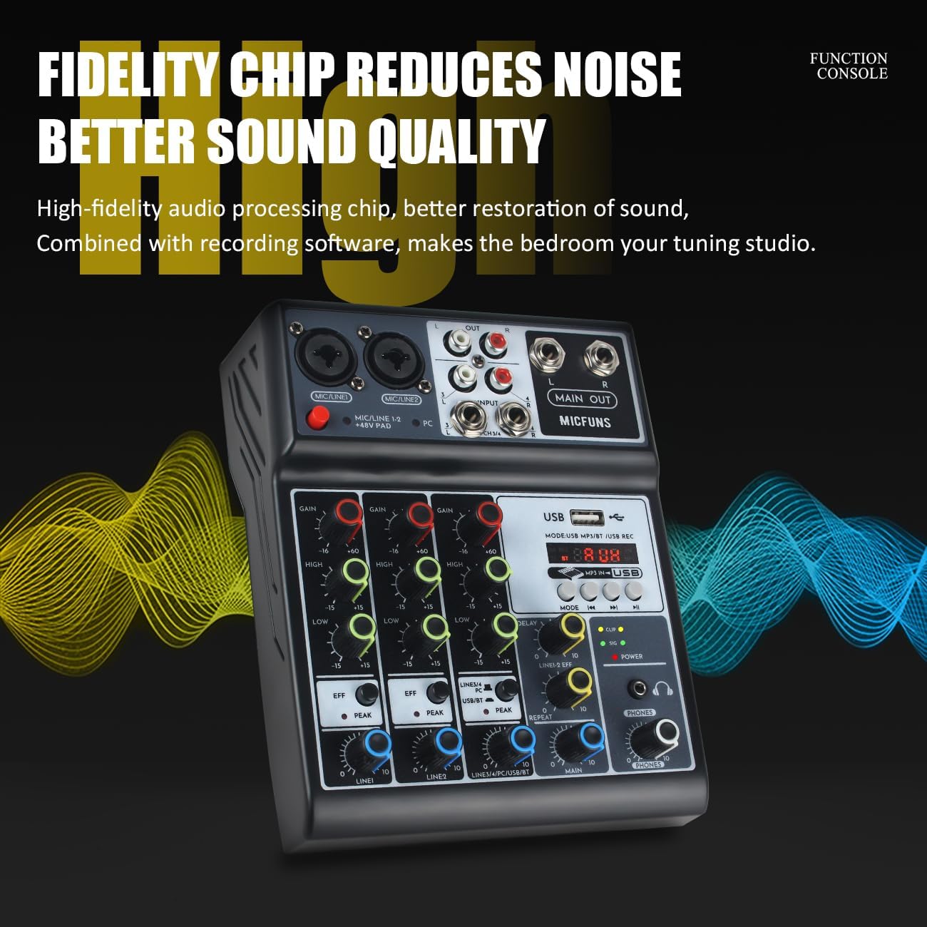 Mini audio audio mixers DJ mixer Sound Board Console System,4 Channel 48V Phantom Power with Bluetooth USB MP3 Stereo live DJ Studio Streaming for professional recording party KTV stage