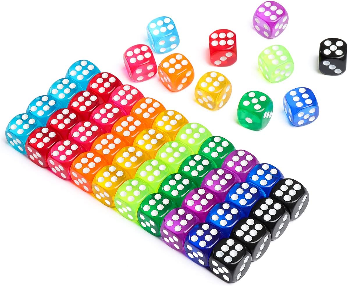 50 Pieces Dice Set, 14mm Bulk 6 Sided Colored Dices for Board Games, Math Learning,Classroom