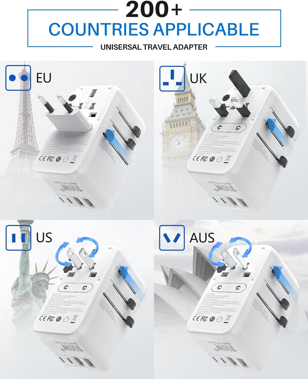 DOACE Universal Travel Adapter, 100W GaN 3.0 International Power Adapter with Built-in USB-C Cable, 6 in 1 Travel Adapter with 5 USB Ports, Plug Adapter Worldwide for EU/UK/USA/AUS(White)