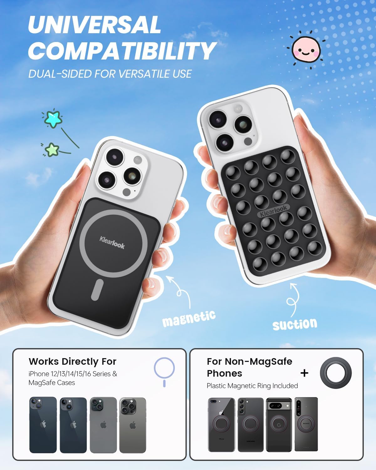 Klearlook Magnetic Suction Phone Mount for MagSafe Case, Removable Sticky Phone Grip Holder for Hands-Free Makeup/Selfie/Live Streaming/Vlog for TikTok & Instagram Influencer/Creator, Black