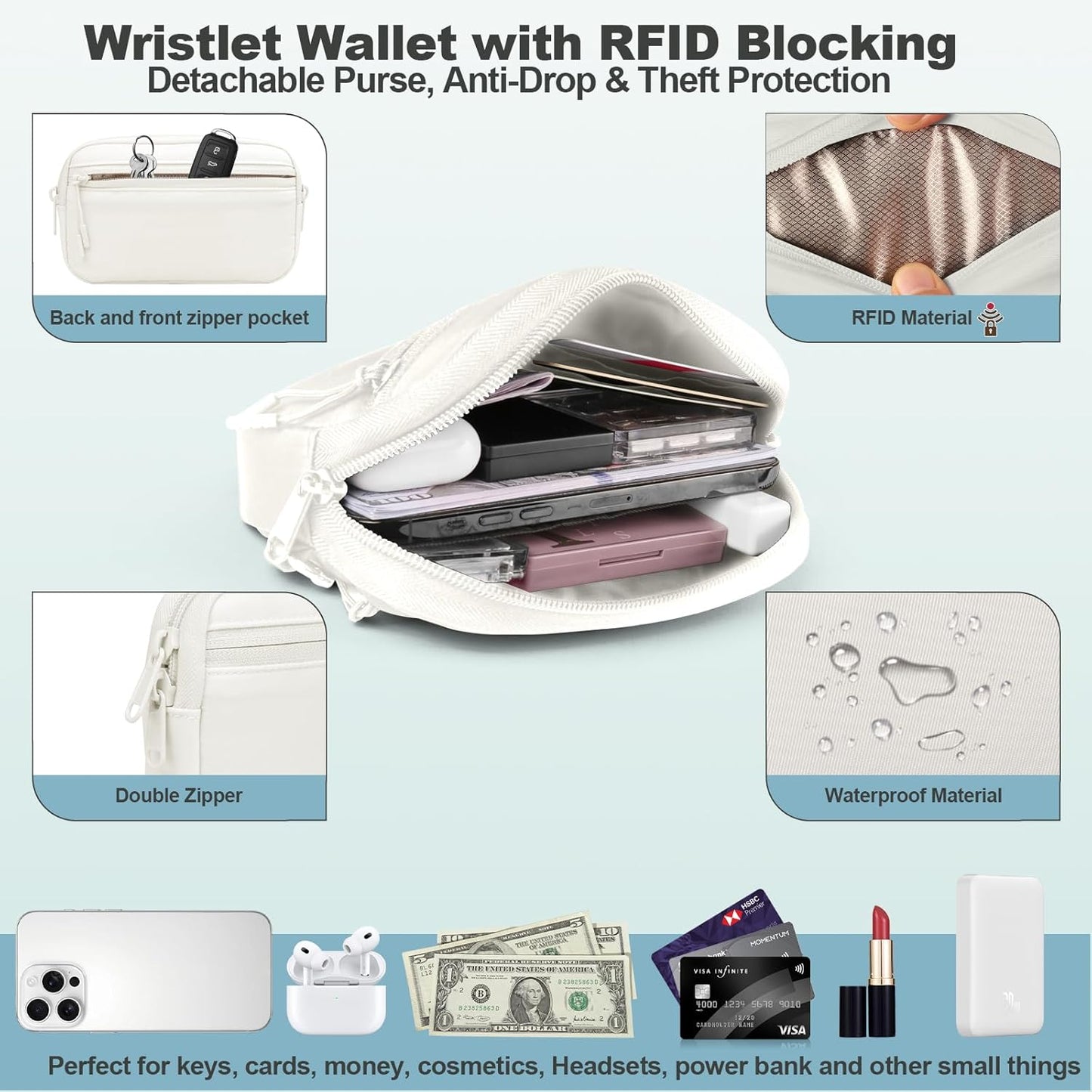 Clip and Go Strap for Phone with Wallet Crossbody, Adjustable Phone Lanyard with Detachable RFID Wristlet Wallet, Pattern Strap - Cream (L)