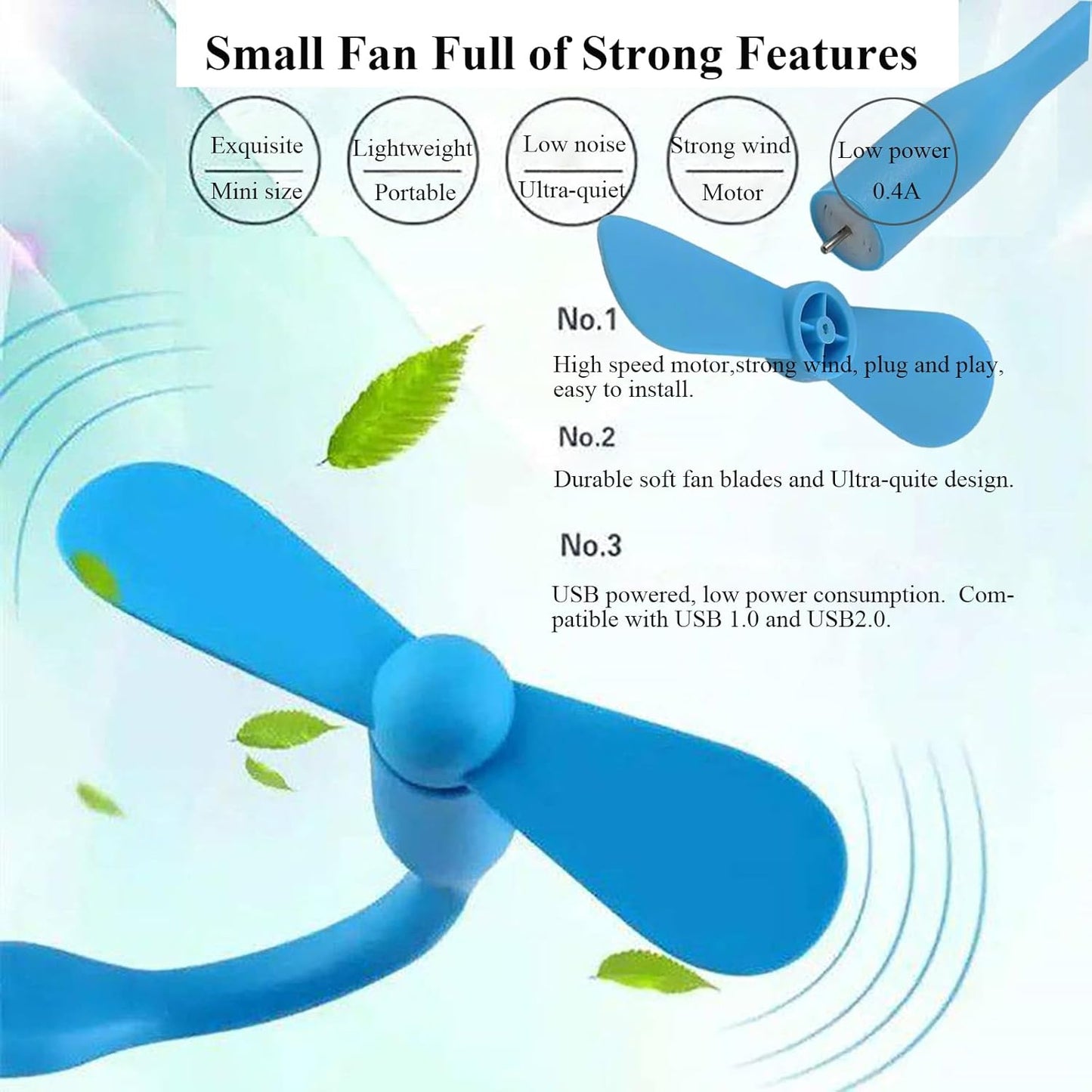 Mini USB Fan, Portable Pocket Fan USB-A Powered Little Cooler, Quiet Operation, for Home Office Car Outdoor Travel- 4 Pack (Blue)
