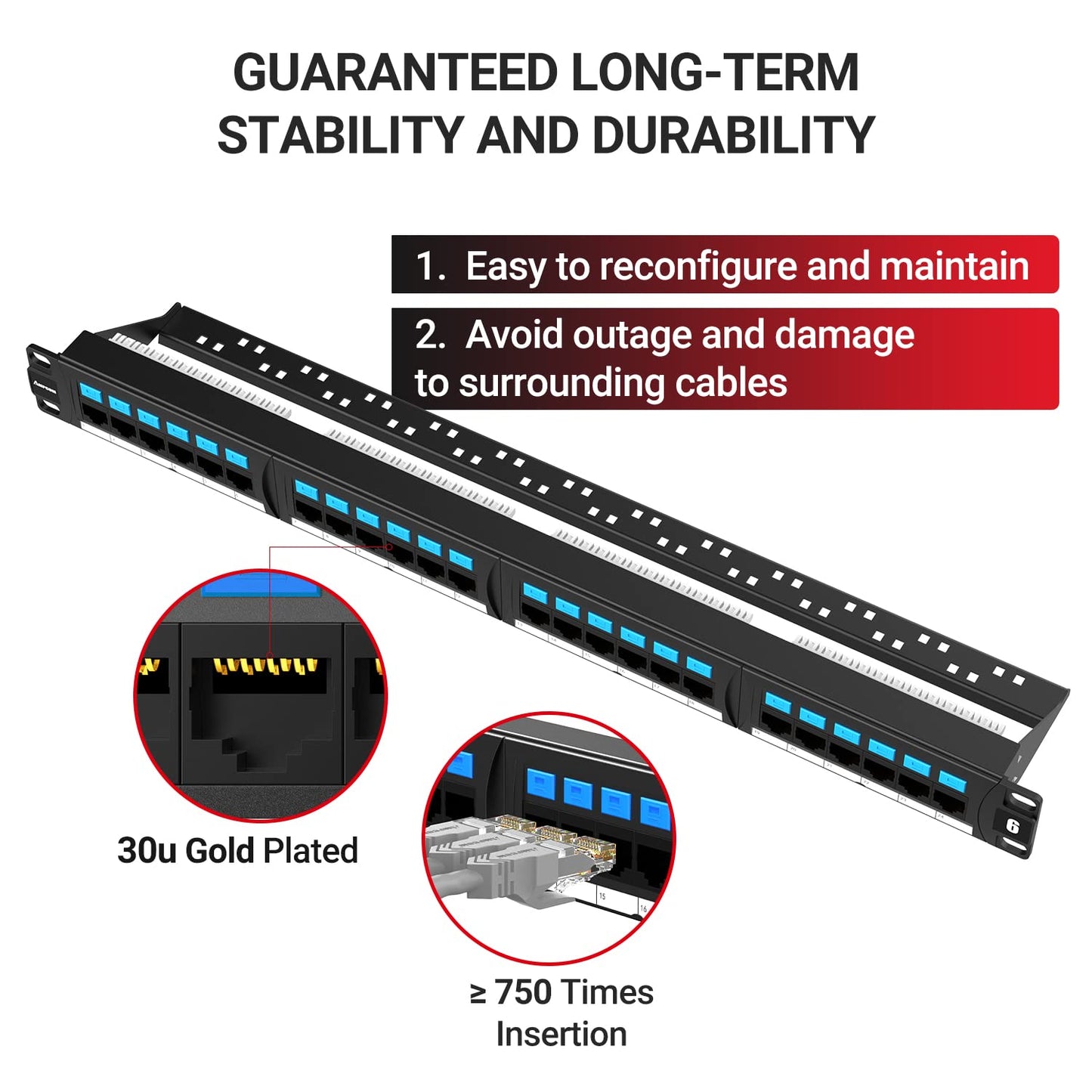 AMPCOM CAT6 24 Ports Patch Panel, Rack Mount - 1U, 19 inch，RJ45 Ethernet 568A 568B, Gold Plated, with Rear Cable Management Bar