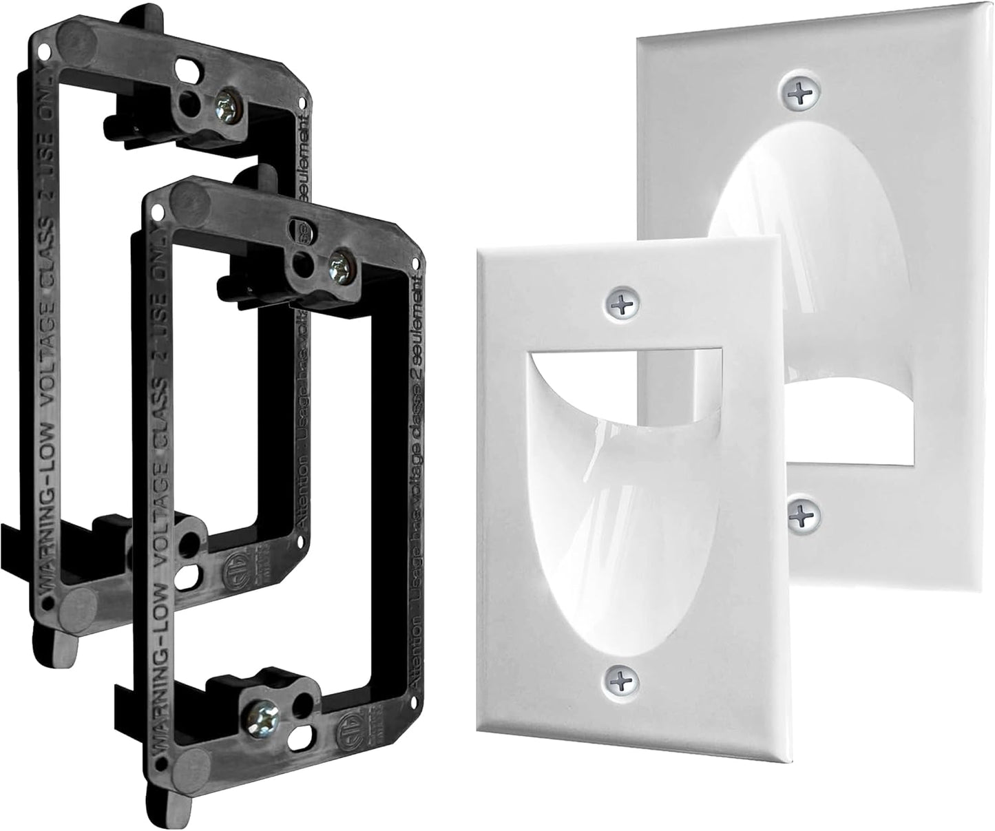 2 Pack Wall Plate with Bracket - In Wall Cable Management Kit - Recessed Wall Plate Cable Pass Through Pair with Single Gang Low Voltage Mounting Bracket - TV Cord Hider for Wall Mounted TV