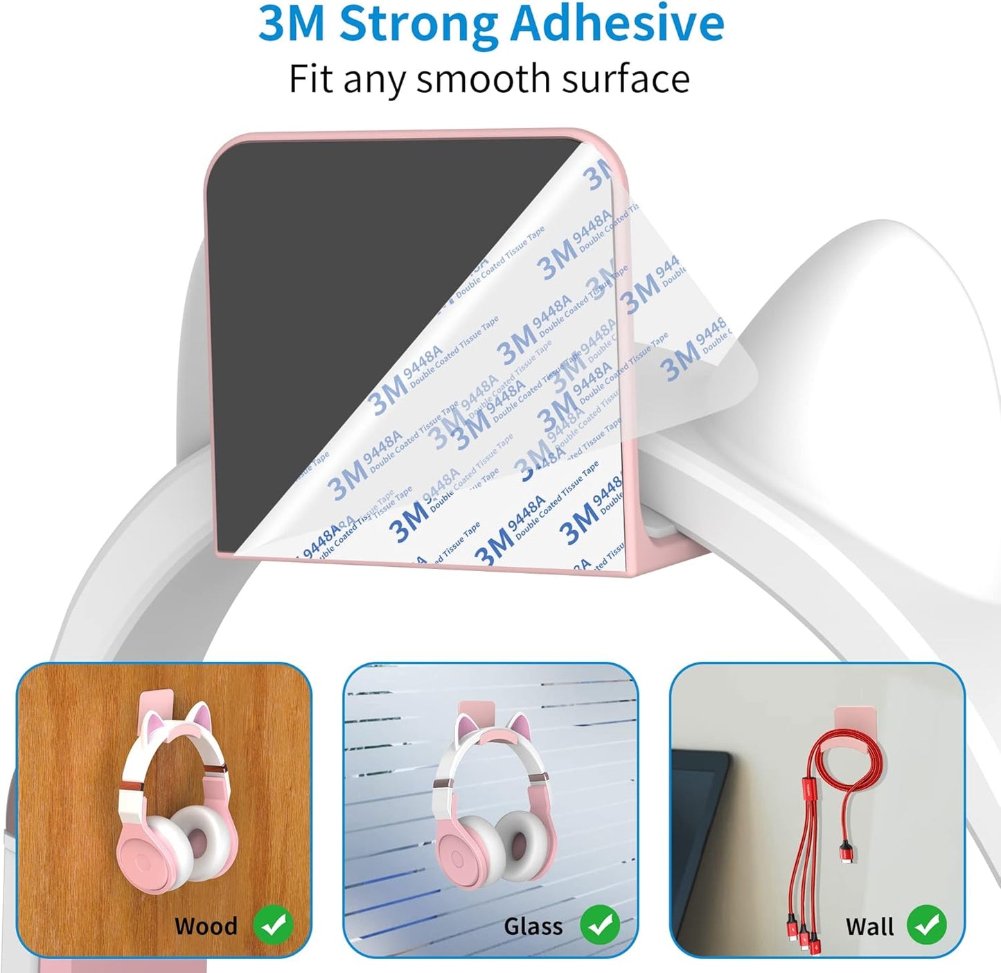 SOKUSIN Headphone Stand Headset Holder - Adhesive Gaming Earphones Hanger, Universal Desk Wall Mount Hook for All Headphone/Controller, Compatible with Beats, AirPods Max,Sony, JBL (Pink-2Pack)