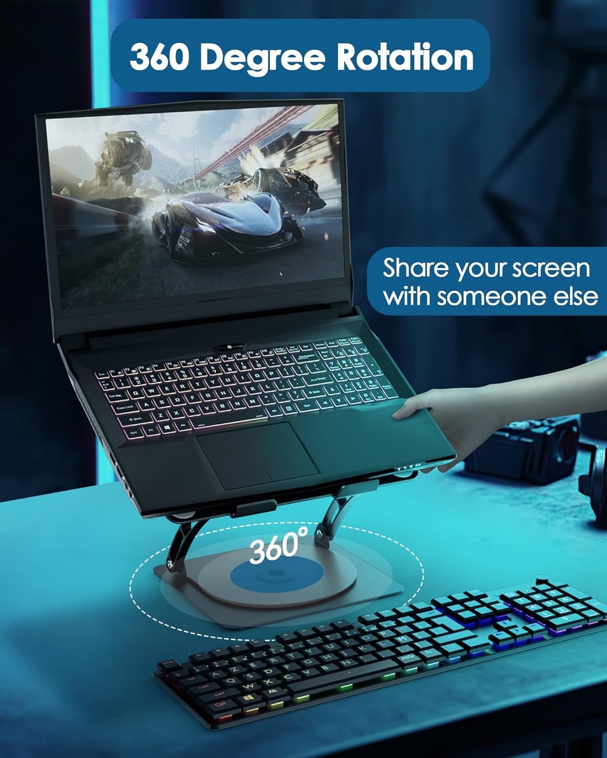 SHUWEI Laptop Cooling Stand with 3 Speed Fan, Adjustable Height & Angle, 360 Rotation Base, Carbon Steel Framework, Ultra-Quiet & Super Sturdy for up to 16”Laptop - Silver