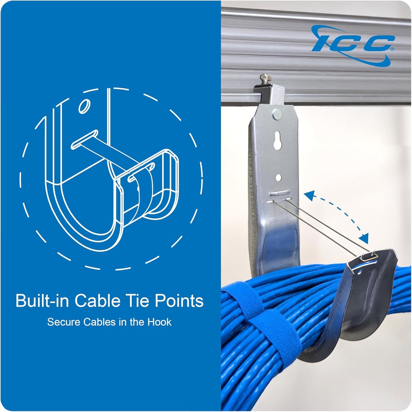 ICC Beam Clamp J Hook 3/4” Without Retainer Clip - Galvanized Steel Cable Management Hooks for Hanging Cable to Beams - Rust-Resistant, EIA and TIA Compliant - 3/4 Inch 25 Pack