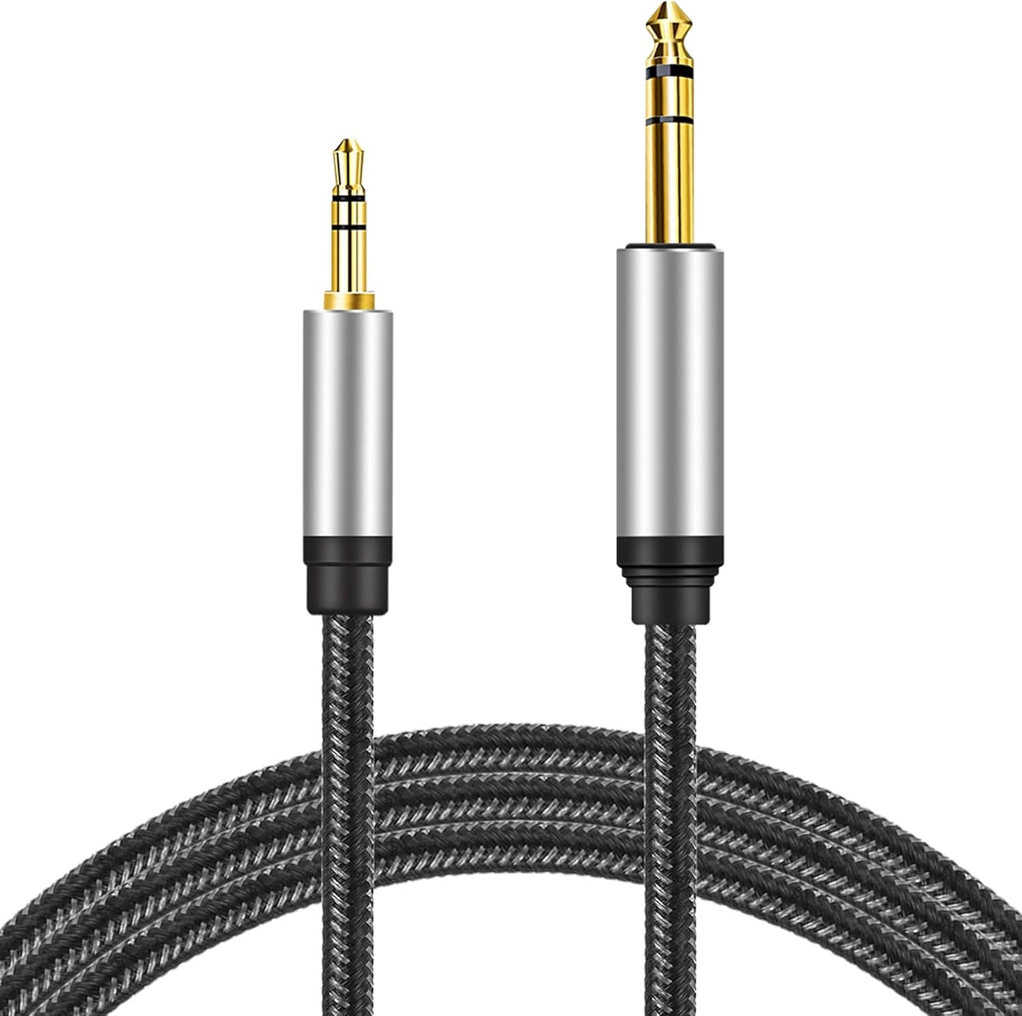 3.5 mm to 6.35 mm Audio Cable 25Ft, Gold-Plated Terminal Silver Color Zinc Alloy Housing 3.5mm 1/8" Male TRS to 6.35mm 1/4" Male TRS Nylon Braided Stereo Audio Cable for Cellphone, Amplifiers(25Ft/8M)