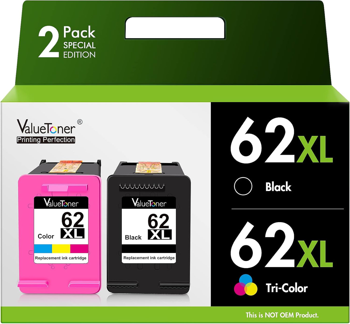 Valuetoner 62XL Ink Cartridges Black and Color Remanufactured for HP Ink 62 for HP 62XL Works with HP Envy 7640 7645 5660 5540 5640 7644 OfficeJet 5740 5741 8040 OfficeJet 200 250 258 Series (2-Pack)