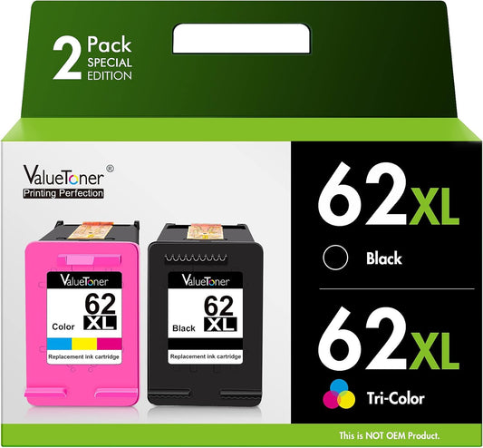Valuetoner 62XL Ink Cartridges Black and Color Remanufactured for HP Ink 62 for HP 62XL Works with HP Envy 7640 7645 5660 5540 5640 7644 OfficeJet 5740 5741 8040 OfficeJet 200 250 258 Series (2-Pack)