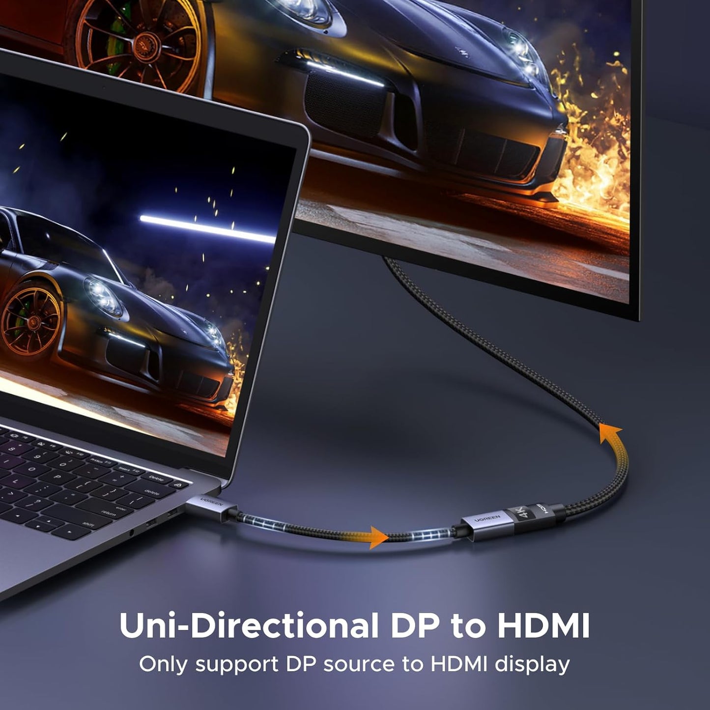 UGREEN 4K DisplayPort to HDMI Adapter, Unidirectional DP 1.2 PC to HDMI 1.4 Converter Braided Cable Male to Female for Desktop, Projector, Monitor, Compatible with AMD, NVIDIA, Passive, 0.66FT