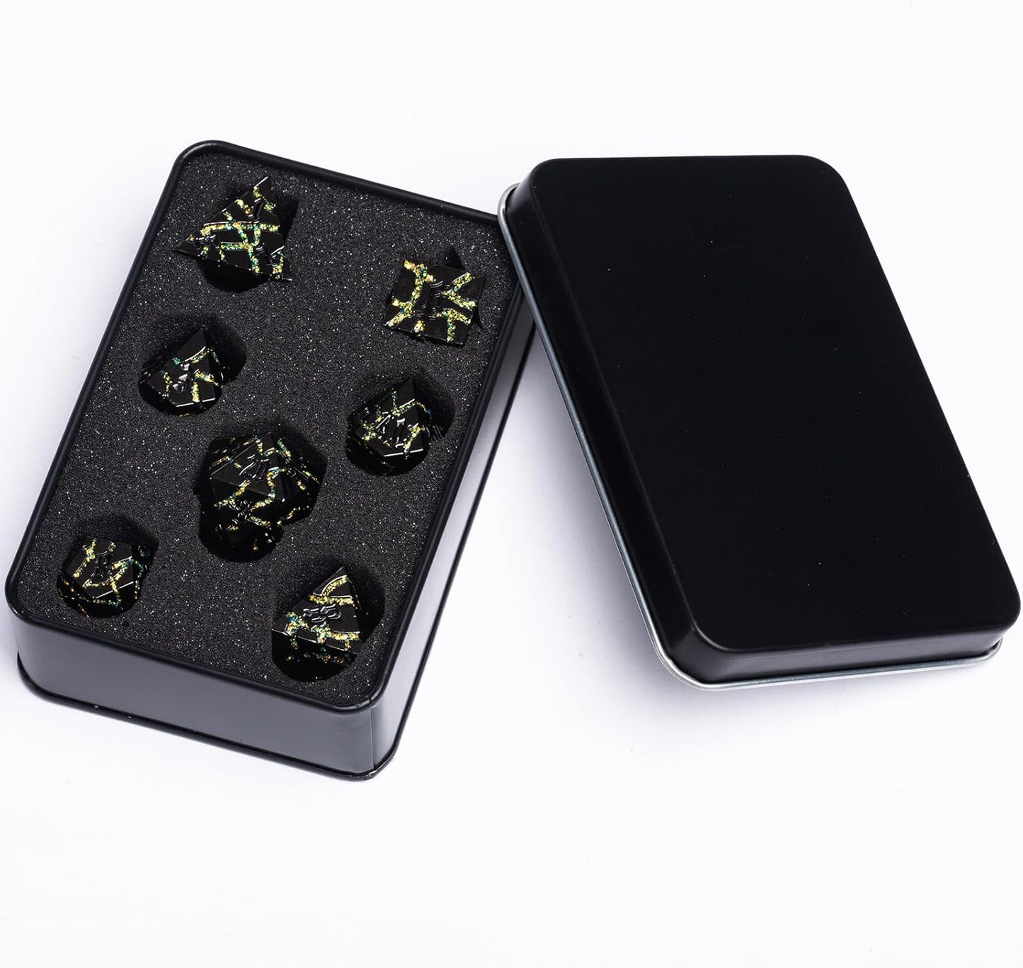 7PCS DND Dice Set,Metalli Crack Stripe Dice Set with Gift BOC,Dungeons and Dragons Polyhedral Metal Dice for RPG Board Games (Black Nickel Yellow)