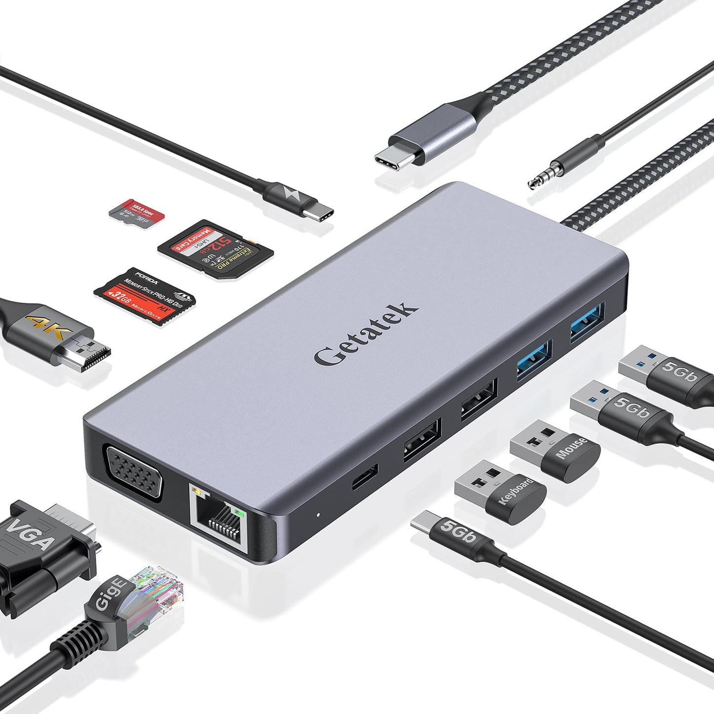 Getatek12-in-1 Docking Station with 4K HDMI,VGA,Ethernet,USB A 3.0 Data Port and USB C 5Gbps Port,100W PD Charging,SD/TF/MS Card Reader and 3.5MM Audior for MacBook, Acer, Laptops, Surface and More