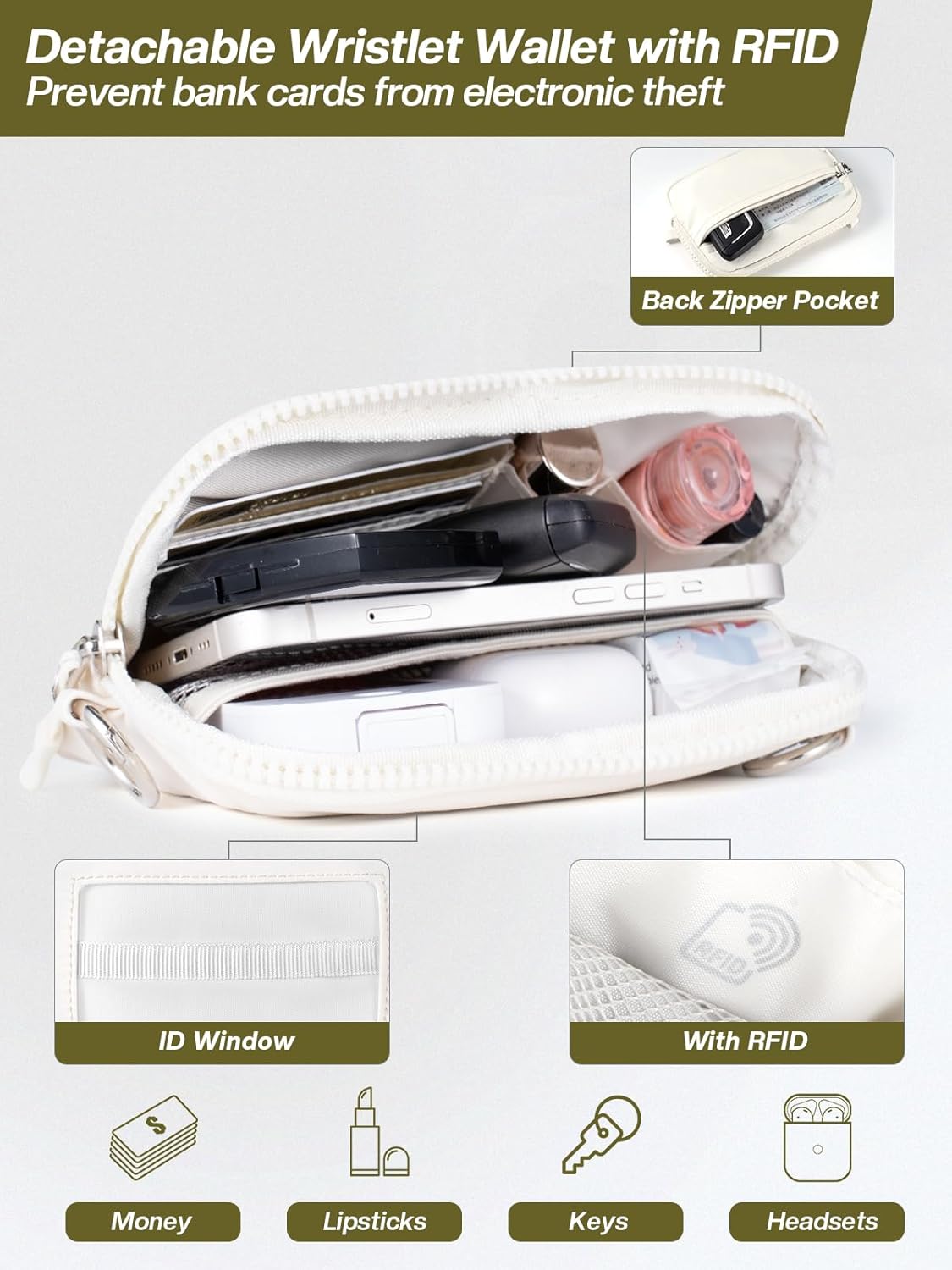 Clip and Go Strap for Phone with Wallet Crossbody Phone Lanyard Adjustable and Detachable RFID Wristlet Wallet with ID Window and Zipper, Cream(L)